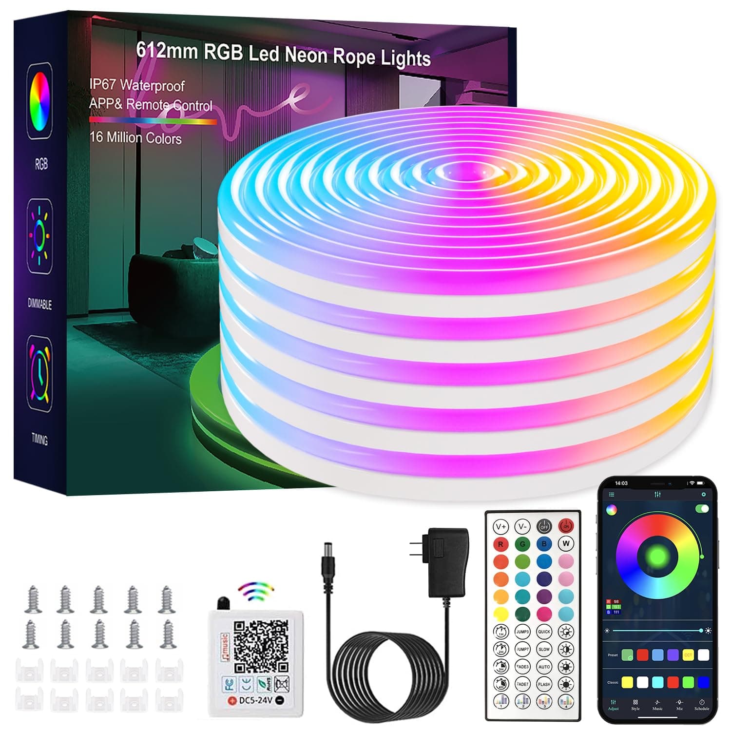 YILINM LED neon Lights,50FT RGB Neon Rope Lights,with Remote Control/APP Control,Music Sync,Timer Function,IP67 Waterproof Flexible Neon Strip Lights,for Bedroom Gaming Outdoors Decor