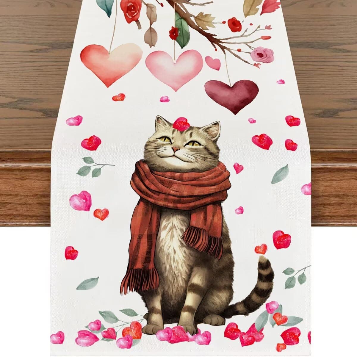 Valentines Day Table Runner Romantic Anniversary Party Decoration Pink Red Love Heart Cute Cat Kitchen Dining Room Home Decor 13x120in