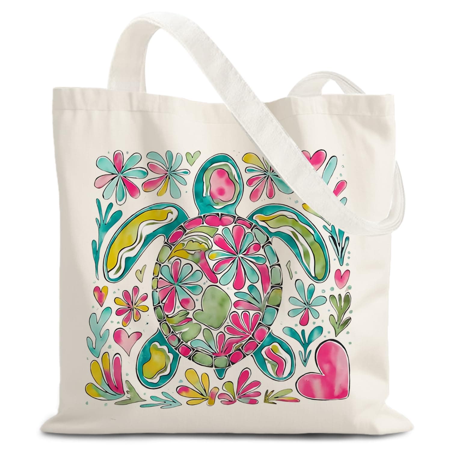 URLLUAE Coastal Beach Sea Turtle Tote Bag, Boho Colorful Floral Sea Turtle Aesthetic Canvas Tote Bags for Women, Nautical Ocean Sea Animal Reusable Grocery Shopping Bags