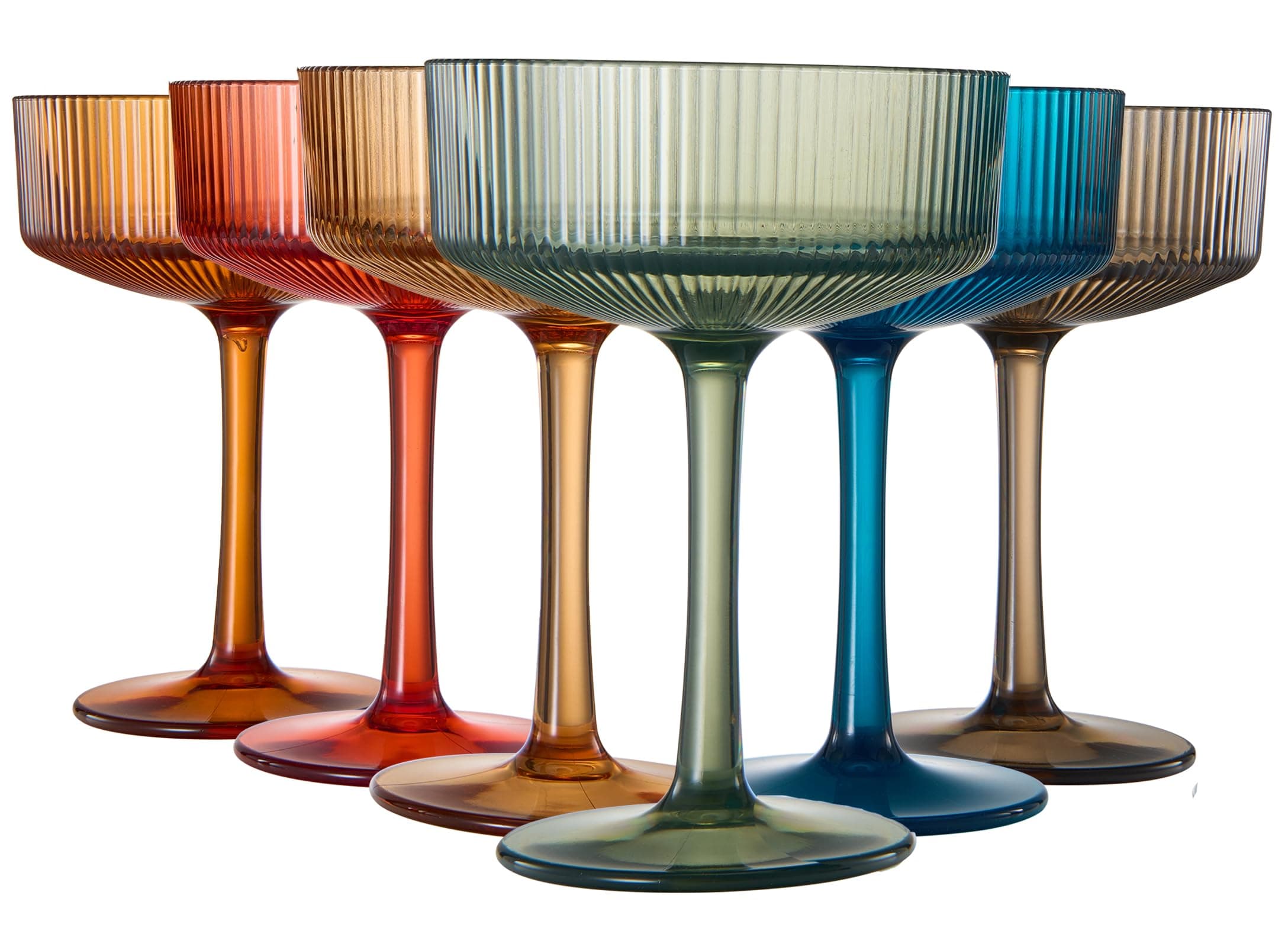 Shatterproof Acrylic Ribbed Vintage Art Deco Martini, Champagne & Cocktail Muted Color Plastic Tritan Coupe Glasses | Set of 6 | 8 oz Ripple Glassware Classic Cocktail Indoor & Outdoor, European Style