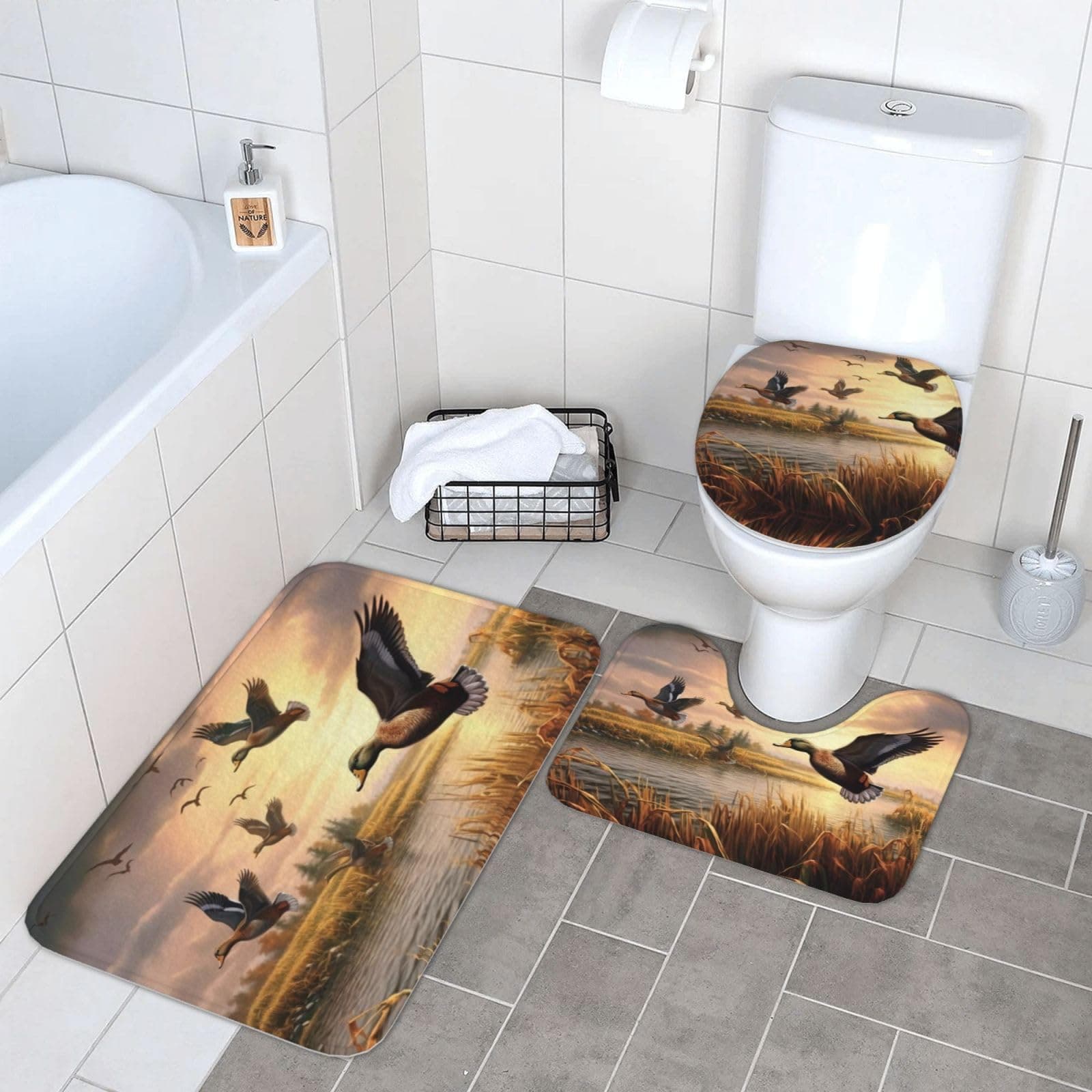 KIROJA Hunting Flying Mallard Ducks 3 Pcs Bathroom Rugs Sets Toilet Lid Cover Soft Non-Slip Bath Mats