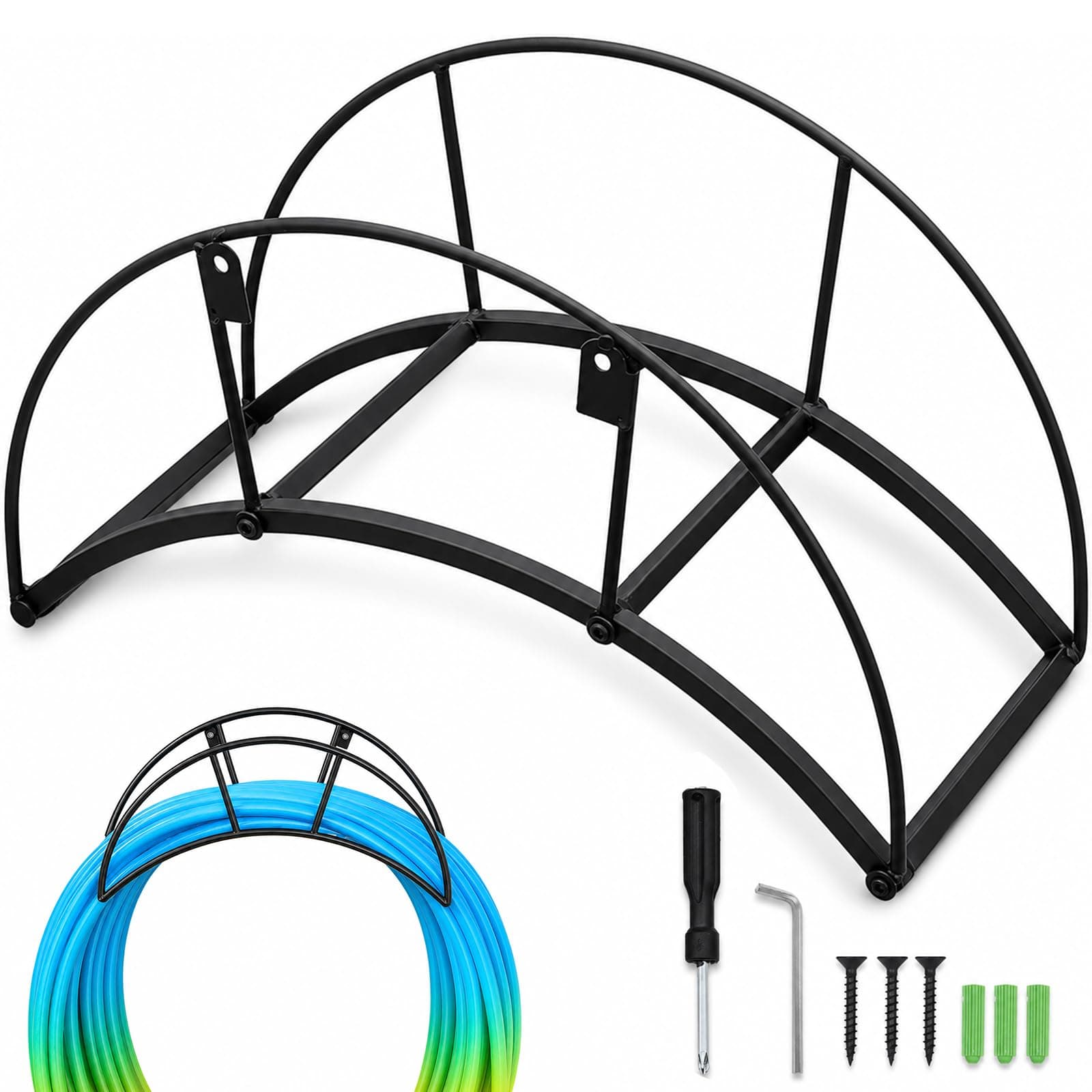 Hongshifu Garden Heavy Duty Hose Holder Metal Pipe Rack for Wall Mounting -14.96"x6.57", Easy Assembly, Industrial Style for Outside Yard Garden，Black (BLACK)