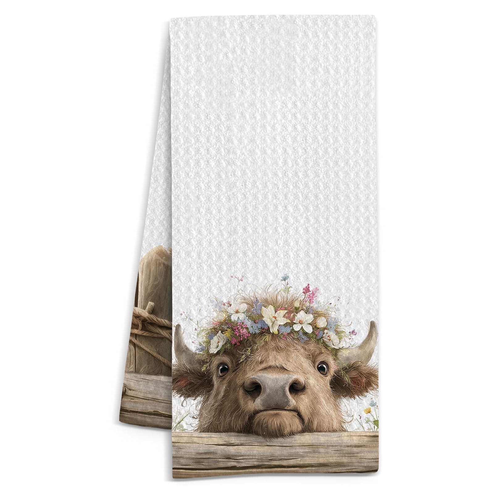 Elmsfell Highland Cow Peeking Flower Crown Coo Kitchen Hand Towel, Cute Highland Cow Microfiber Tea Towel, Decorative Dish Towel for Kitchen & Dorm Decor, 16x24in