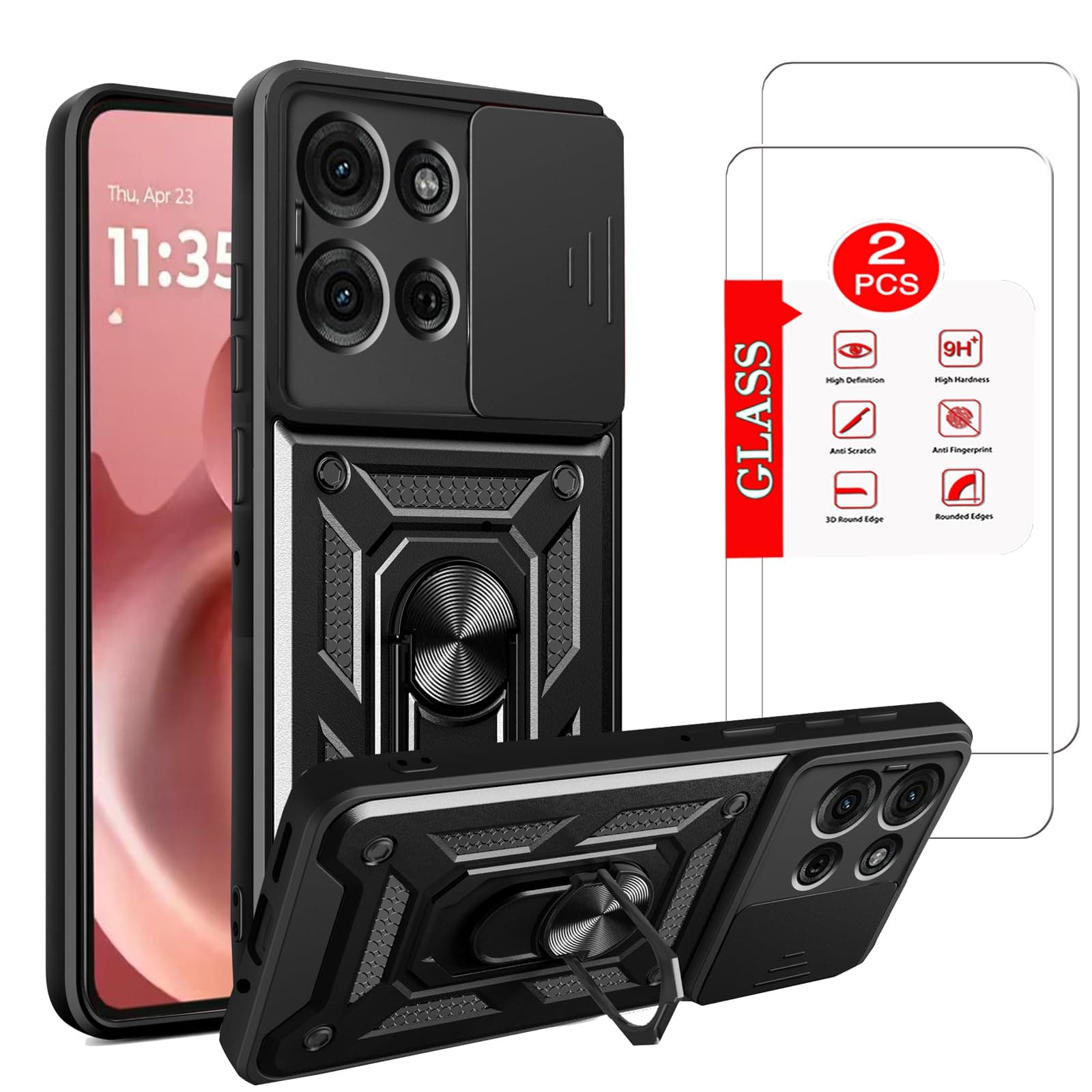 for Motorola Moto G86 Power 5G Case with [2 Pack] Tempered Glass Screen Protector, for Moto G86 Power Case Heavy Duty Armor [Military-Grade] Protective，with Magnetic Stand Phone Cover Black
