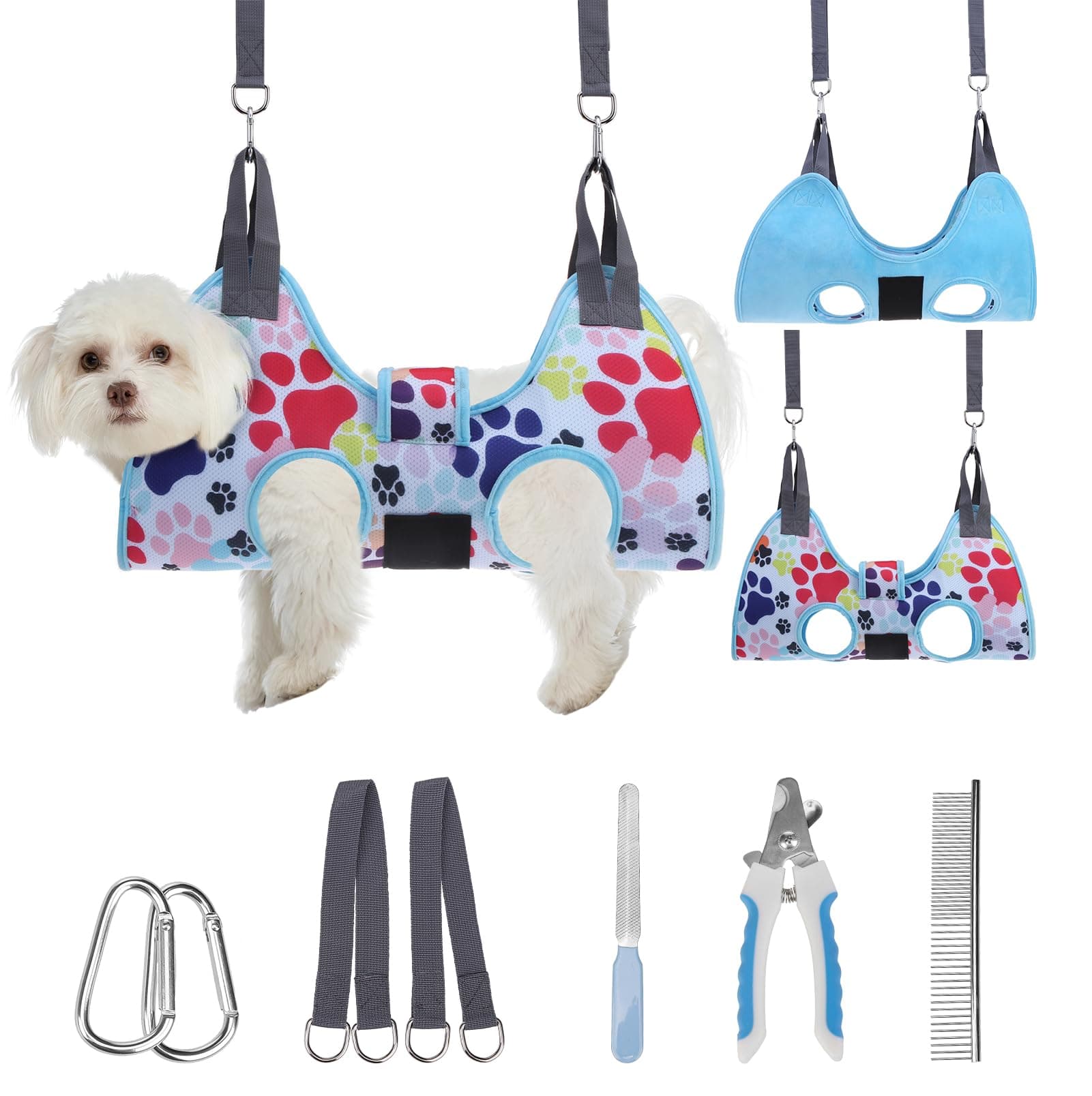 PAWCHIE Dog Grooming Hammock Harness for Dogs & Cats with Pet Nail Clipper Trimmer - Cat Hanger Sling for Trimming Clipping Nails- Dog Hammock Restraint Bag for Small Medium Large Dog, Blue XS