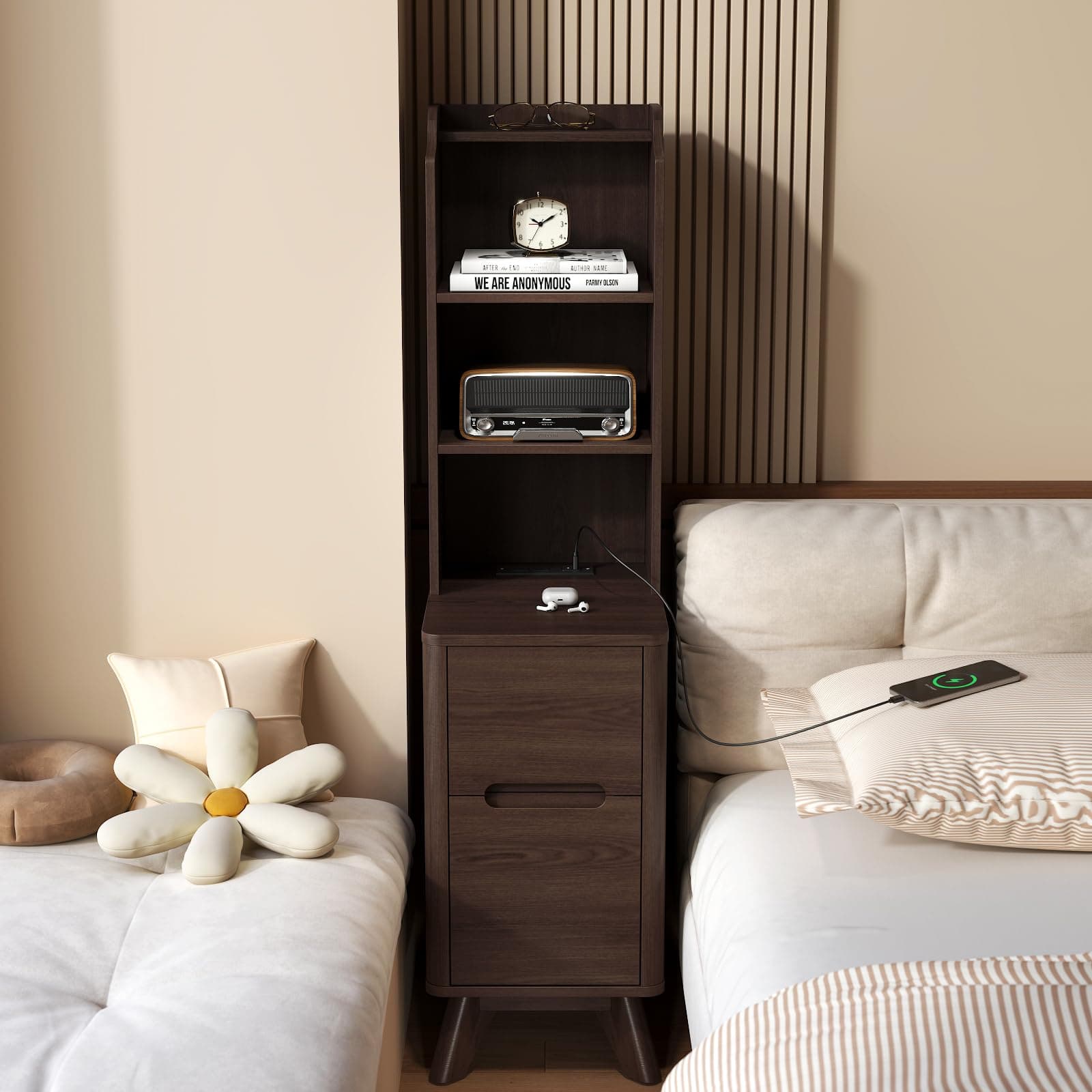 Tall Narrow Nightstand with Bookshelf, 47" Side Table with Charging Station