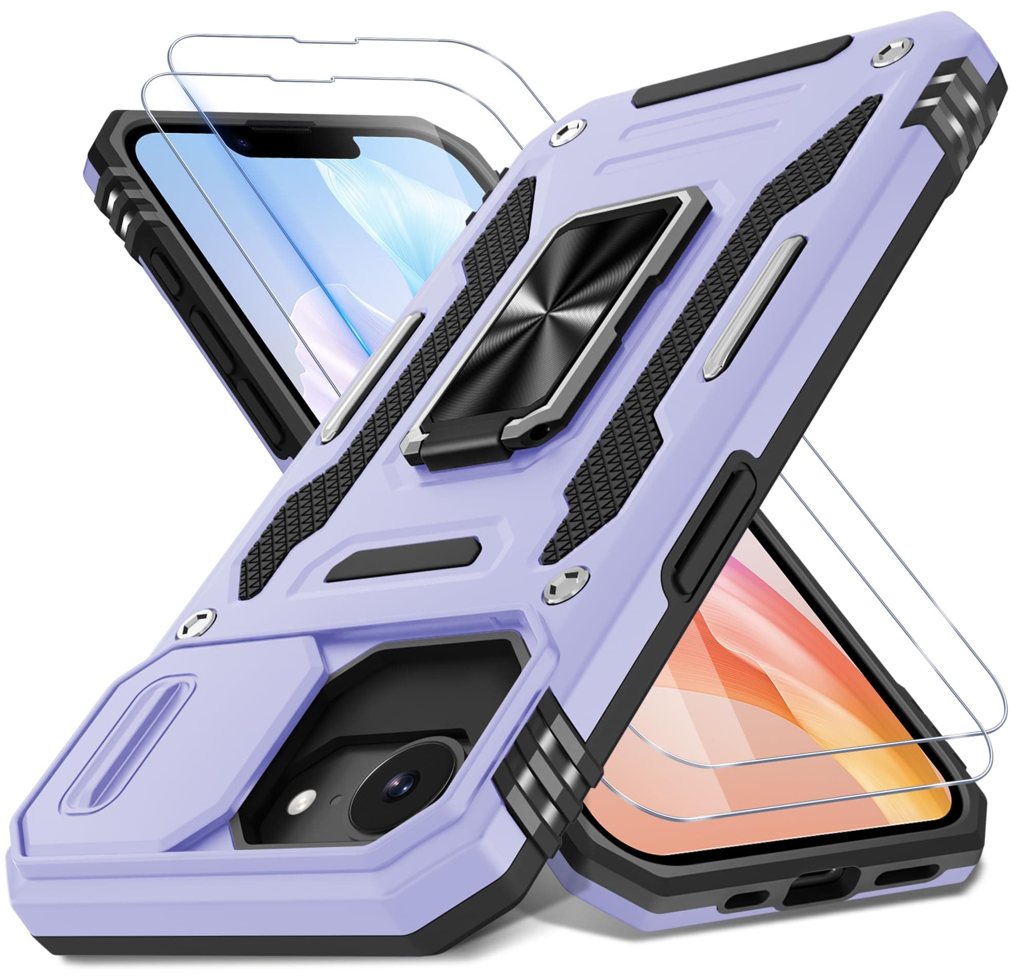 DEERLAMN Case for iPhone 17e/iPhone 16e 6.1-Inch with Slide Camera Cover+Screen Protector (2 Packs), Rotated Ring Kickstand Military Grade Shockproof Protective Cover-Light Purple