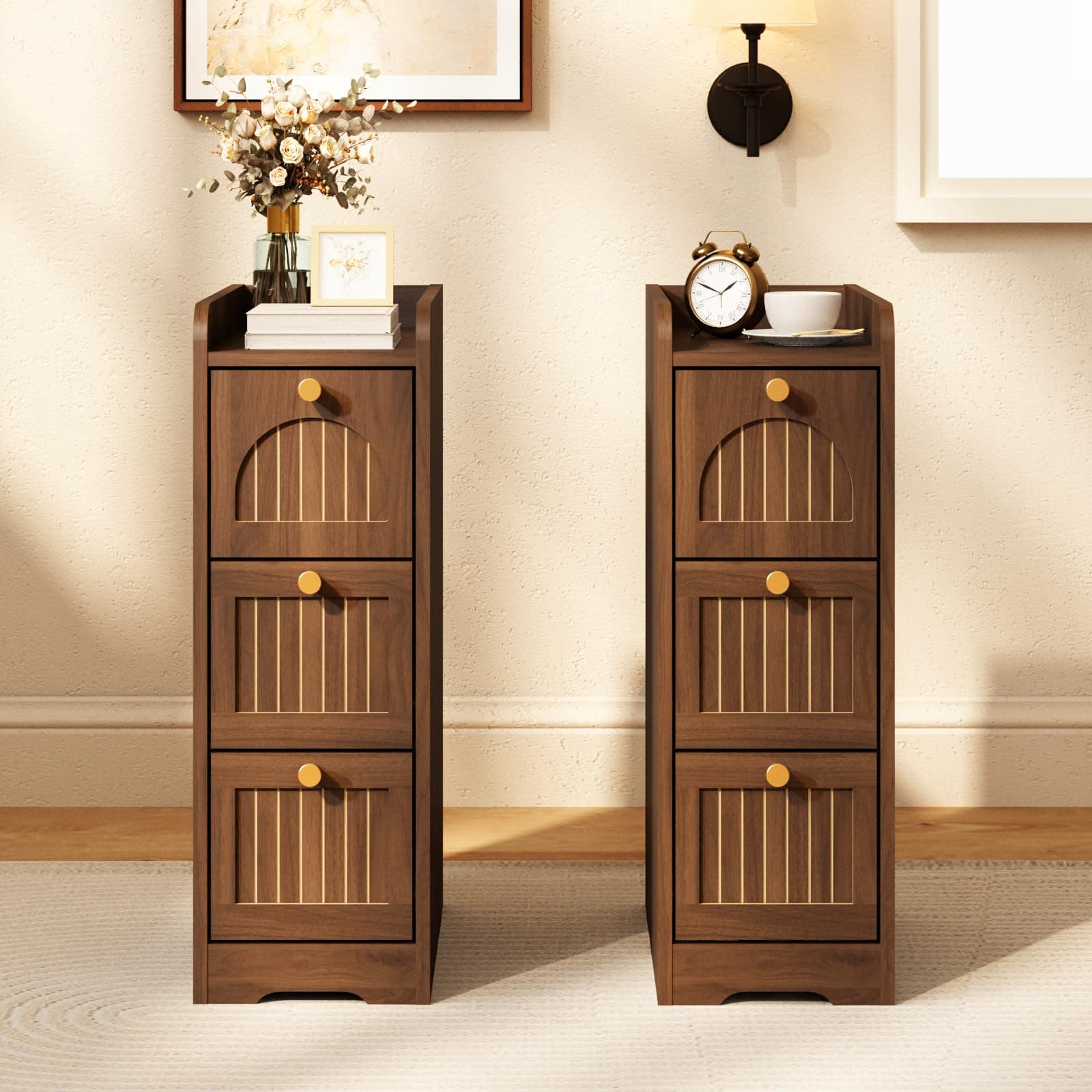 WINWY 7.87" Narrow Nightstand Set of 2, Fluted Slim Bedside Table with 2 Drawers, Mid Century Modern Small End Table with Gold Metal Handles, for Bedroom, Living Room & Small Spaces - Walnut