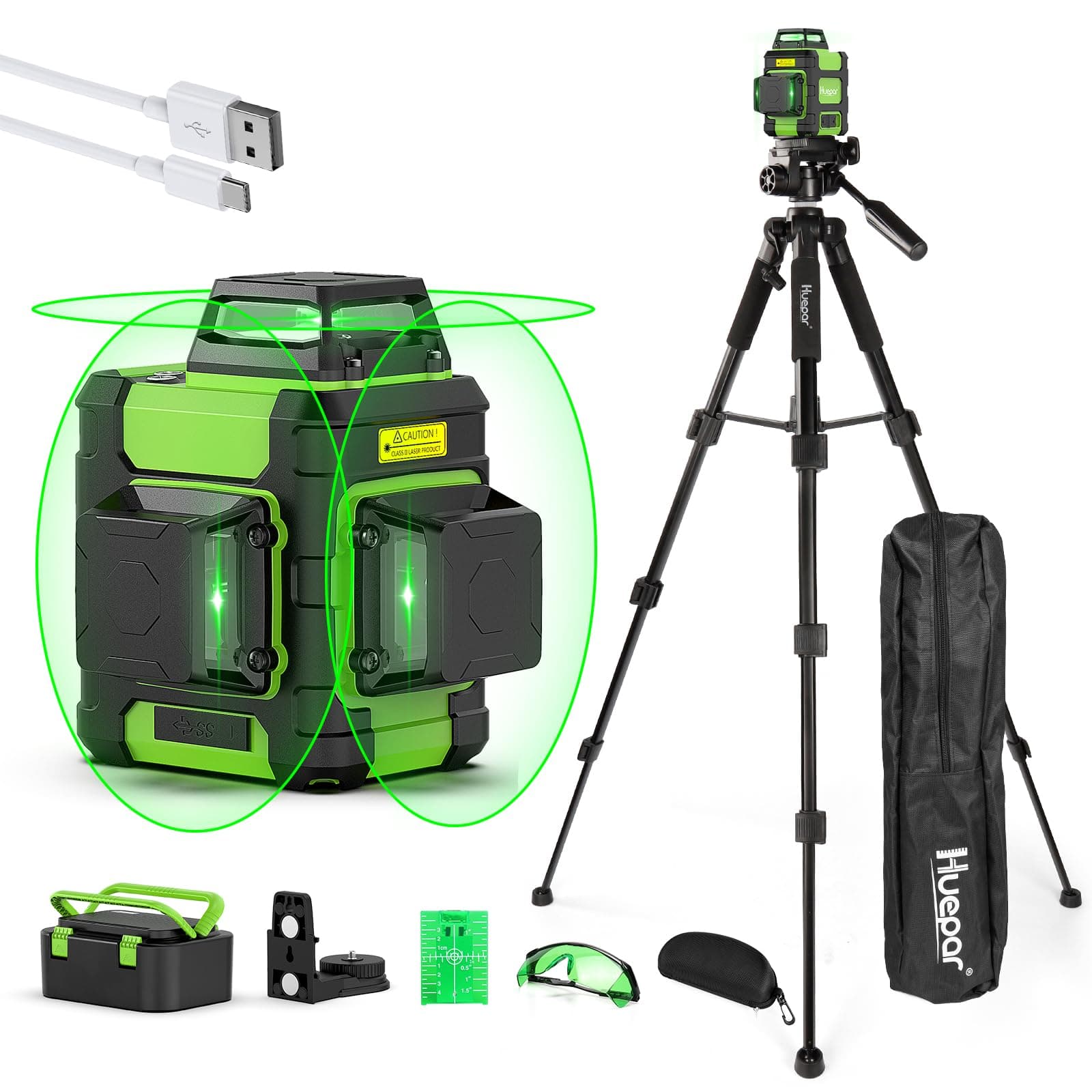 Huepar 360° Laser Level with 50" Stable Tripod, Self-Leveling & Rechargeable, Pulse Mode for Outdoor Use, Hard Carrying Case, Glasses, Target Plate, for Construction & Home Renovation