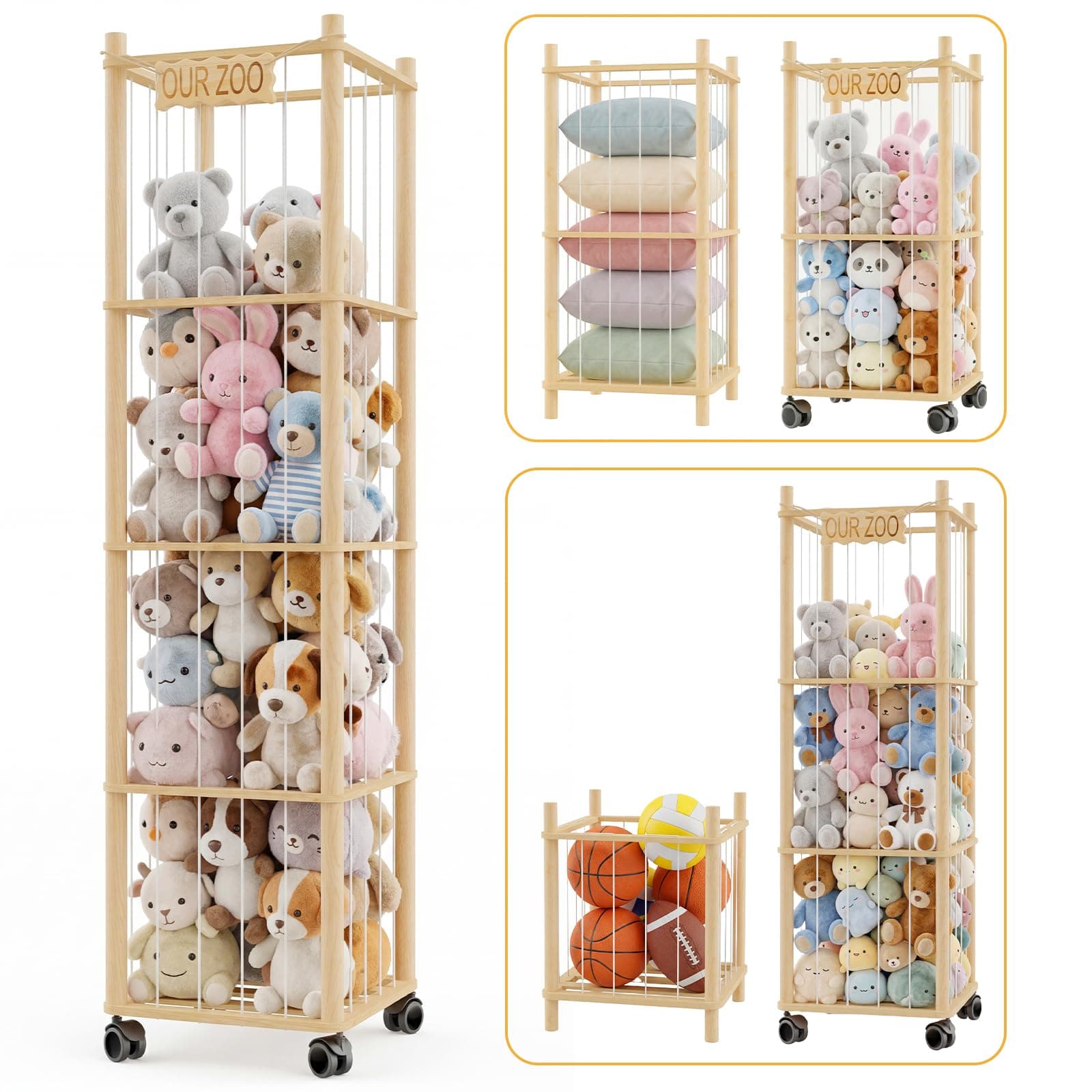 CMQRYPV DIY Stuff Animal Organizer Kit, Adjustable 1–4 Tier Stuffed Animal Storage with Wheels, Large Plushies Storage for Playroom, Bedroom & Nursery, Designed for Growing Toy Collections
