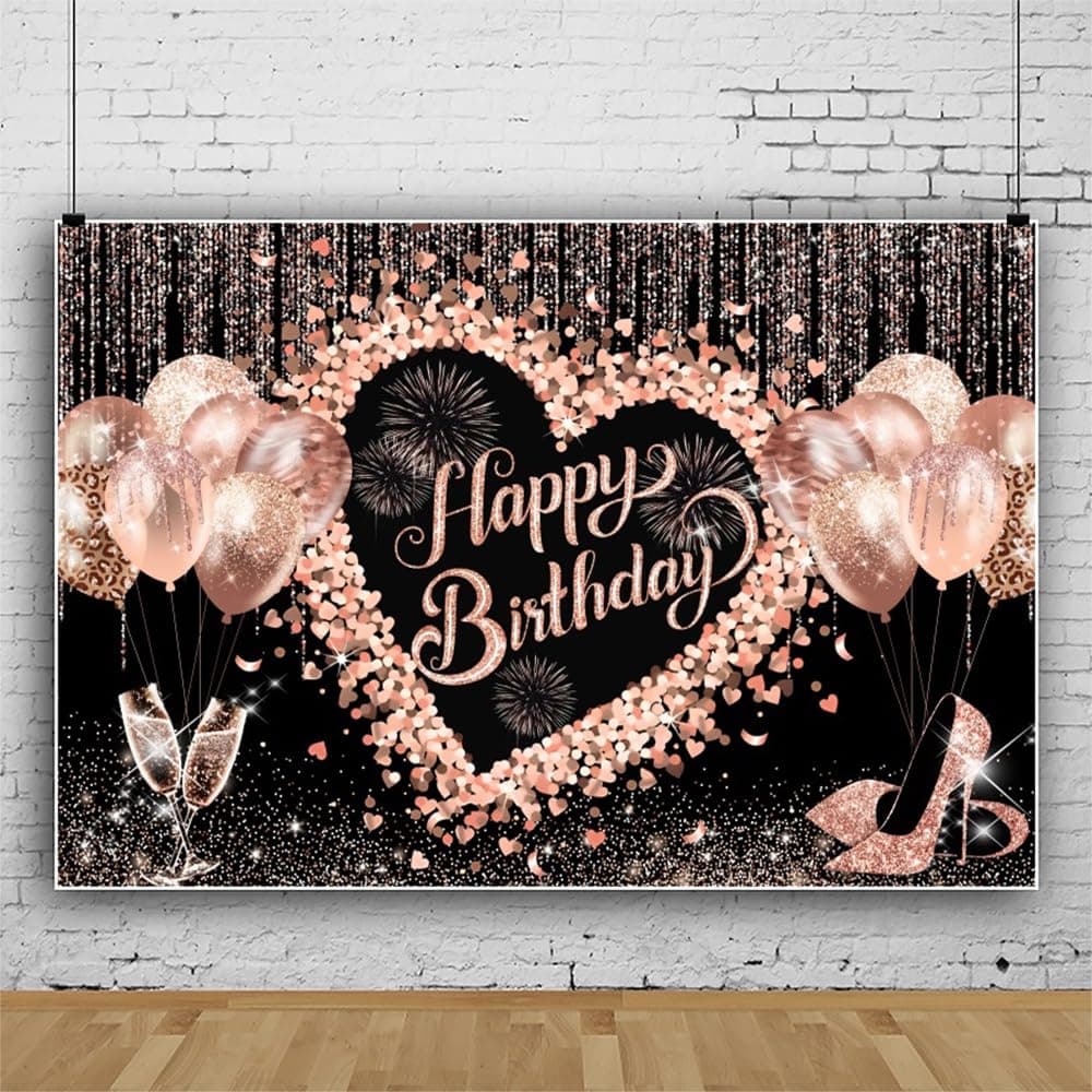 Leowefowa 10x8ft Happy Birthday Photography Backdrop Rose Gold Sweet Love Heart Birthday Background for Girl High Heels Pink Glitter Balloon Champagne Shining Women Birthday Party Shoot Props