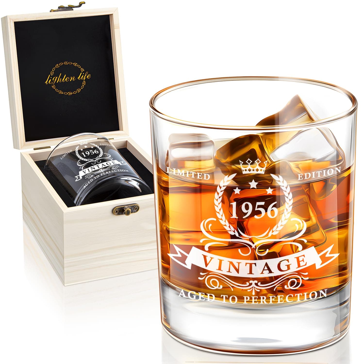LIGHTEN LIFE 70th Birthday Gifts for Men 12 OZ,1956 Whiskey Glass in Valued Wooden Box,70th Birthday Bourbon Glass for Dad,Husband,Friend, Bday Gift Ideas