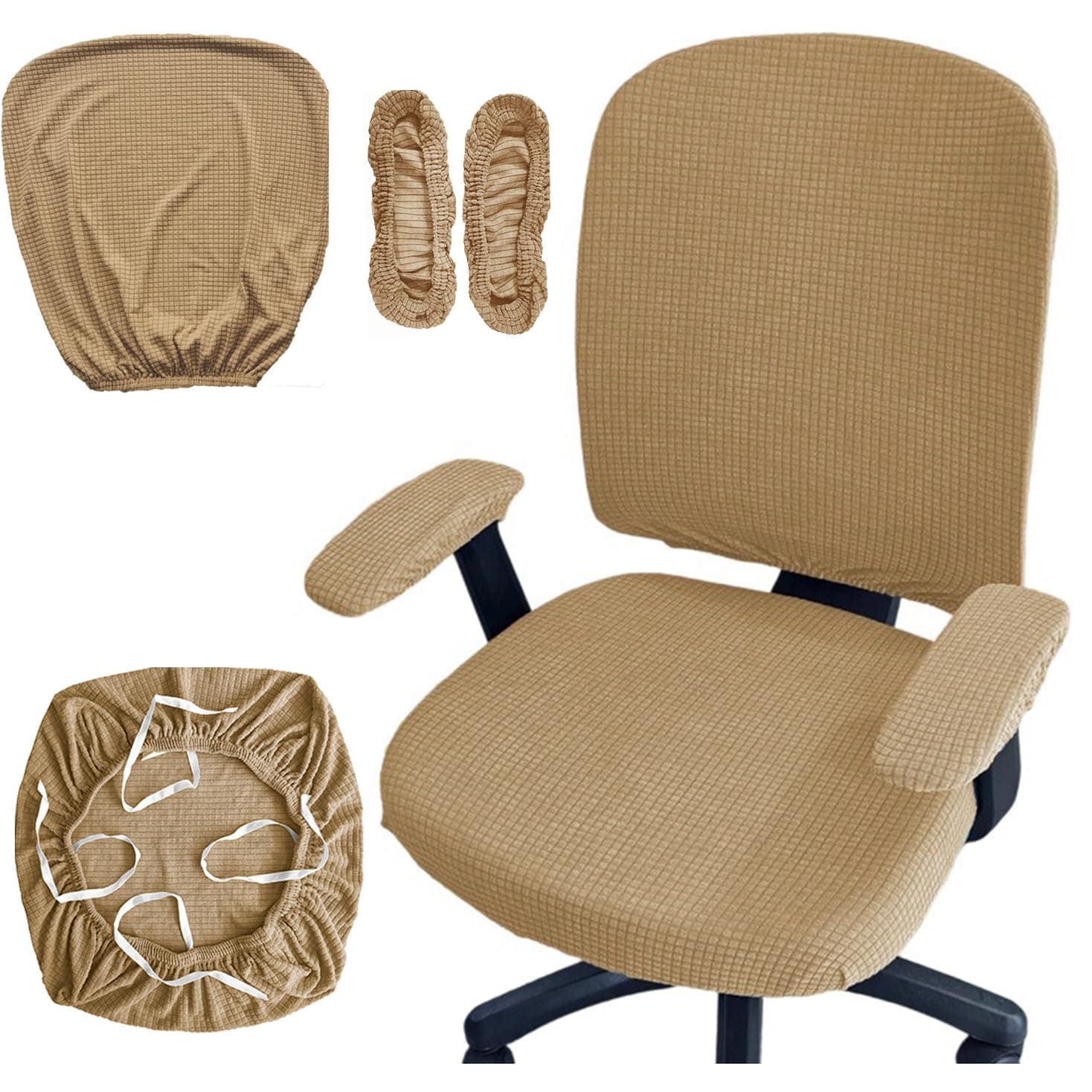 4 Pcs Office Chair Covers Set Stretchable Protective Rotating Computer Chair Seat Covers with Armrest Covers (Camel)