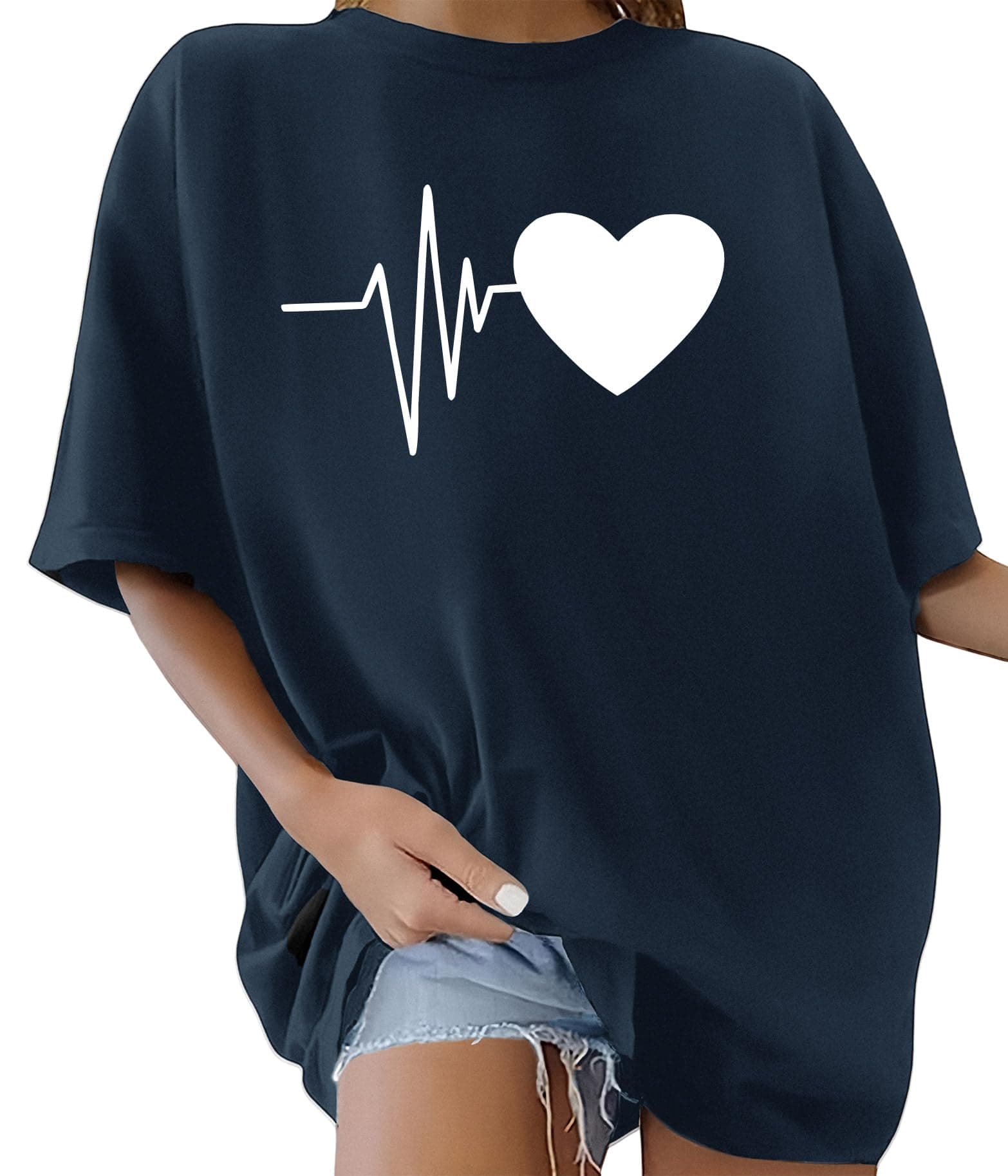 Lonya Women's T-Shirts Round Neck Y2k 90s Oversized T Shirts for Women Ladies Short Sleeve Graphic Print Summer Baggy Plus Size Casual Cotton Tee Tops,Pure Navy Blue,XXL