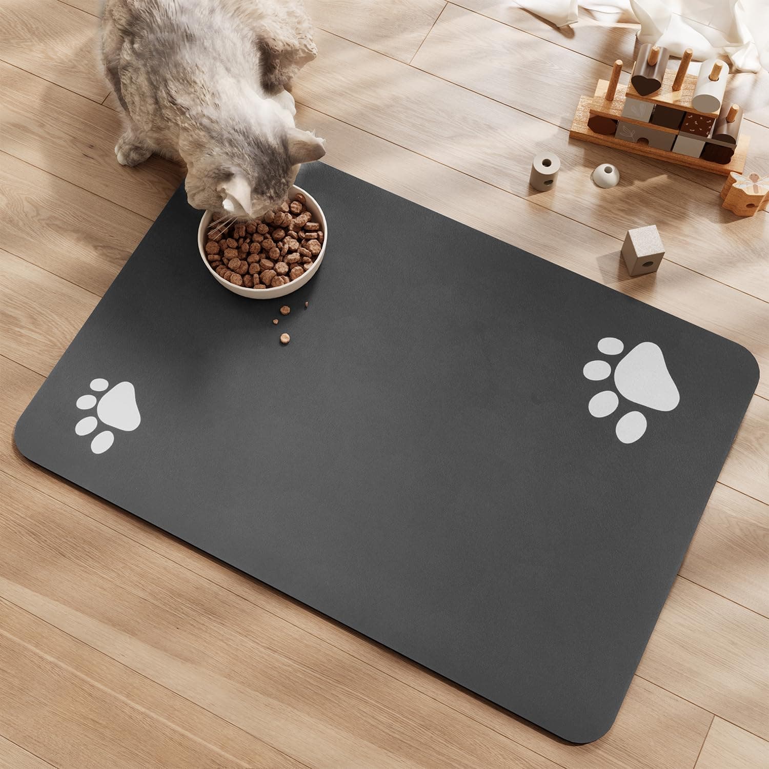 Dog Cat Food Mat Pet Bowl Mat Absorbent No Stains Quick Dry-Innovative Pet Supplies Dog Cat Accessories-Water Dispenser Mat for Messy Drinkers-Dark Grey with Paw Pattern 16"x24"