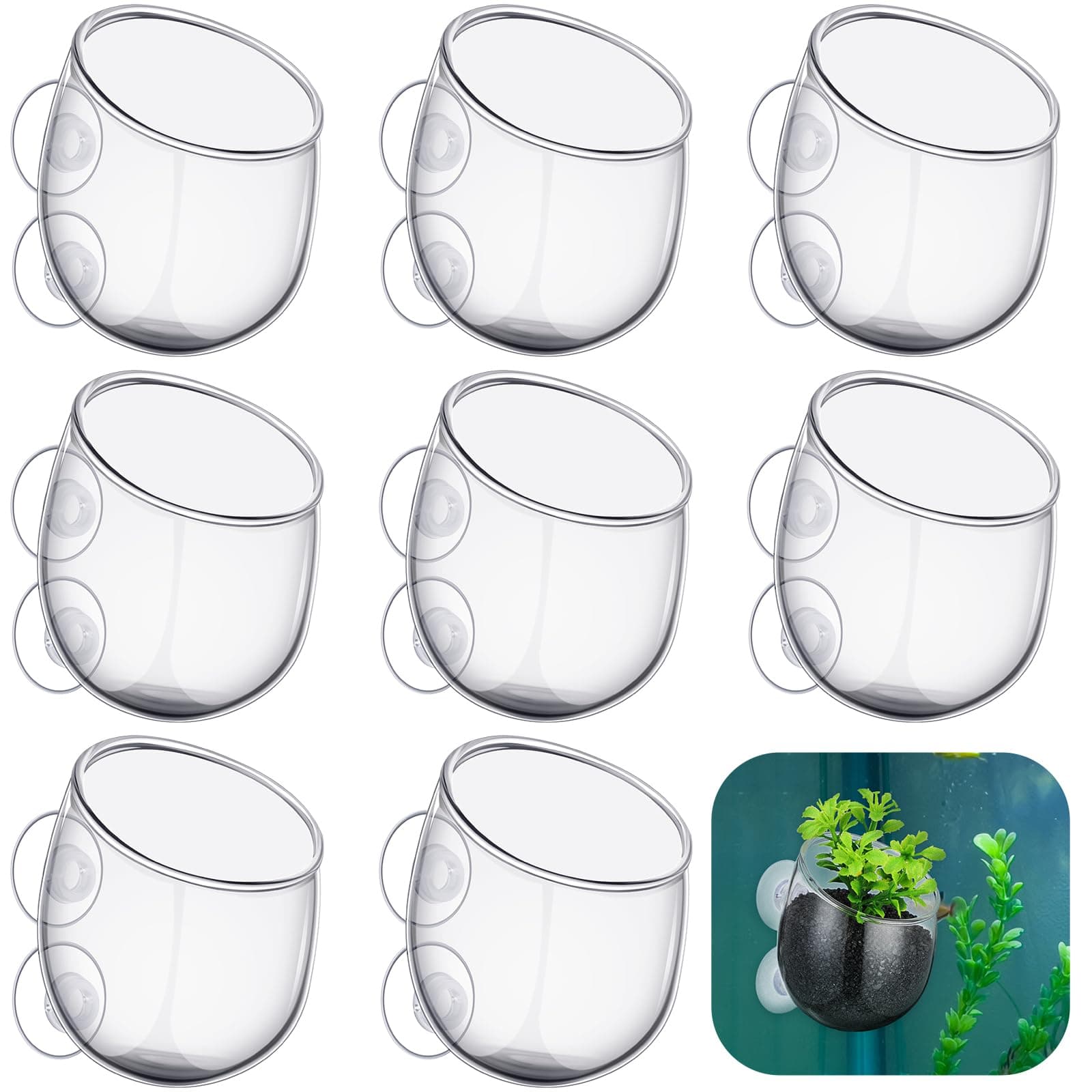 Dandat 8 Pcs Aquarium Plant Holder Pot Clear Glass Aquatic Plant Cup with Suction Cups Aquarium Plant Fish Tank Pots for Aquaponic Plant Cultivation Water Feature Decoration