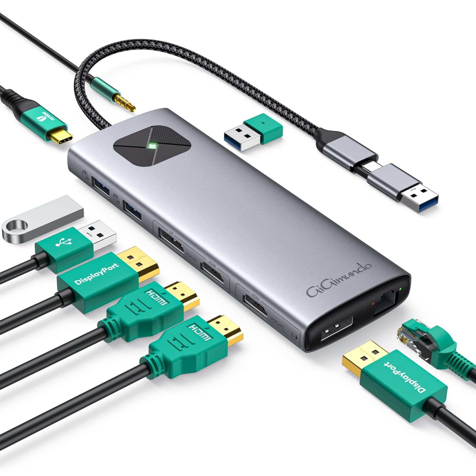 GiGimundo LK10 Portable DisplayLink USB3.0 Docking Station Dual 4K 60Hz, 3xUSB3.2 10Gbps, 2xHDMI, 2xDP, USB-C PD100W, 1Gbps Ethernet, 3.5mm AUX, for MacBook Air/Pro M1 M2 M3 & PC, Laptop, Gray