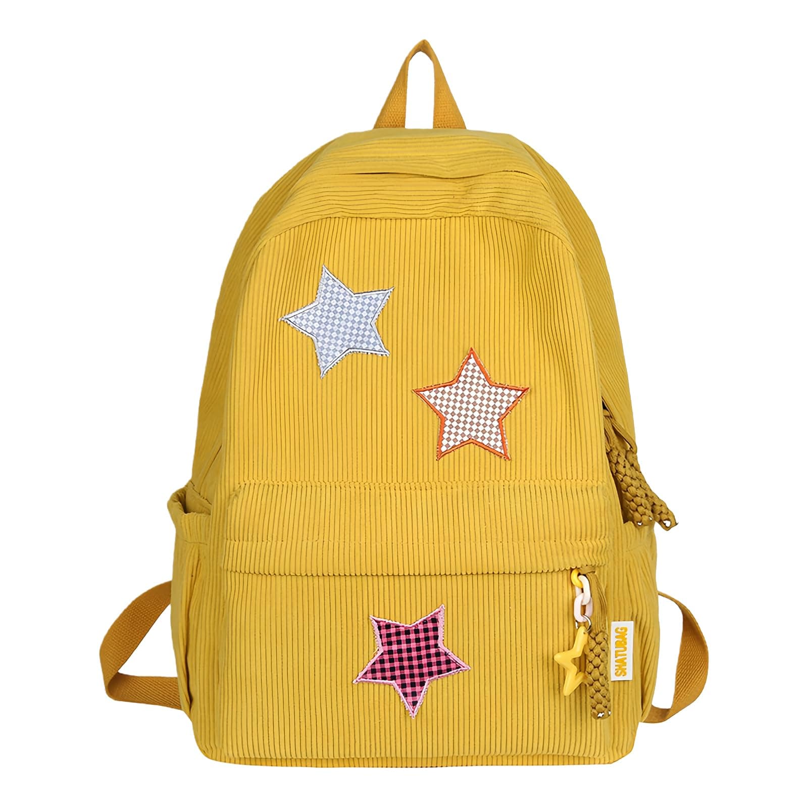 Taolivingmart Corduroy Backpack with Star Pattern, Trendy and Versatile, Fits 14'' Laptop Large Capacity Daily Commute, Yellow, 16.1''11.4''5.5'', Outing Fit