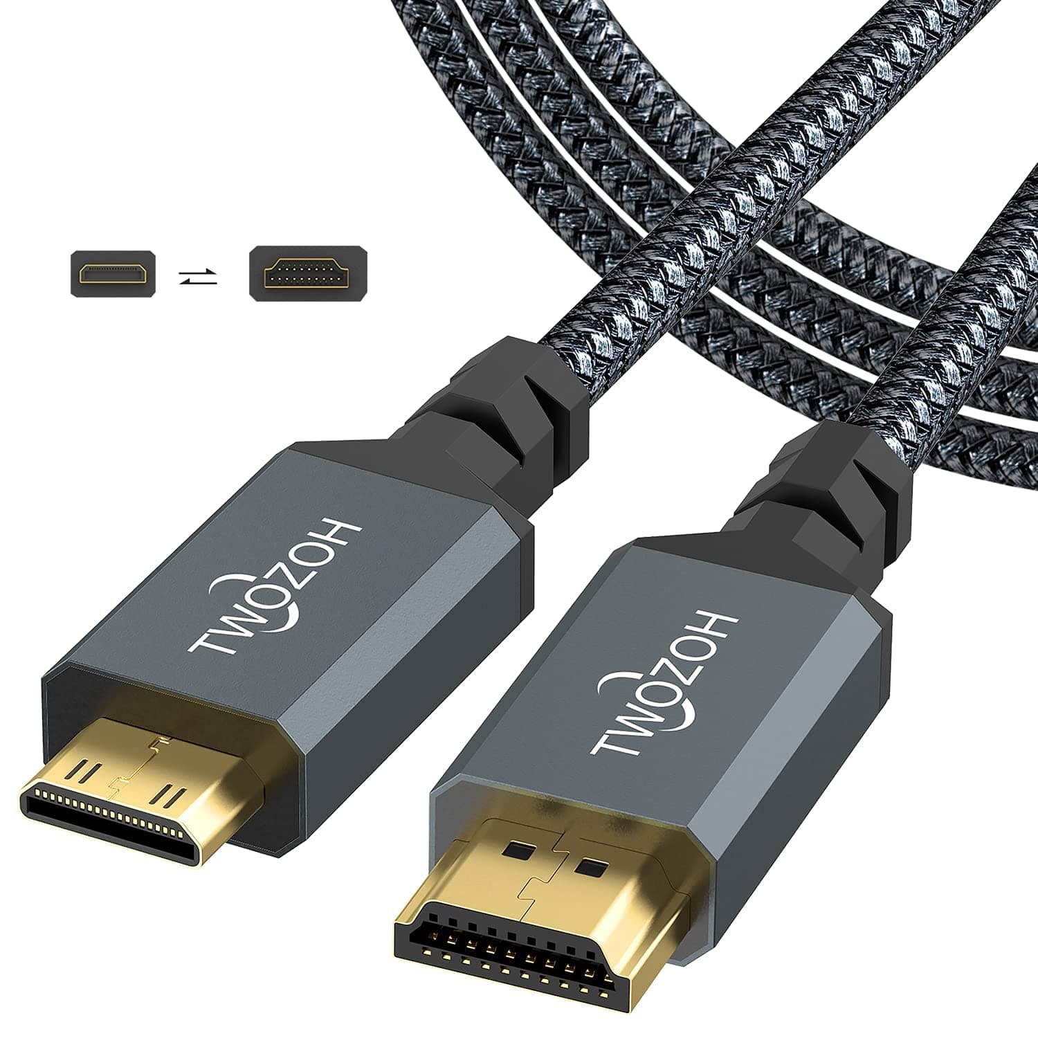Twozoh Mini HDMI to HDMI Cable 2M, 4K 60Hz High-Speed HDMI to Mini HDMI Cable Braided Cord
