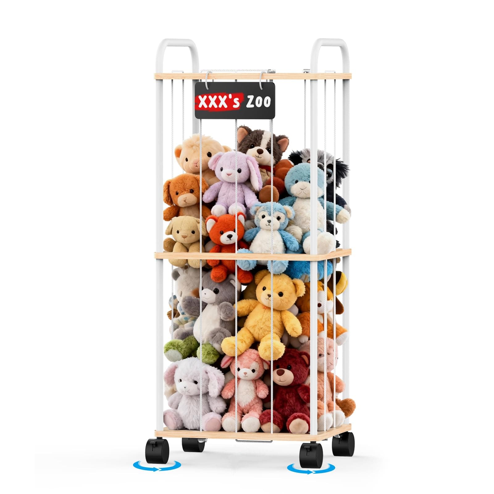Nelodo Stuffed Animal Storage Zoo Tower, 41" Metal Large Toy Organizer with Elastic Bands & Wheels, Standing Plushies Holder Cage for Kids Playroom Nursery, Space-Saving Stuffy Display Rack, 2-Tier