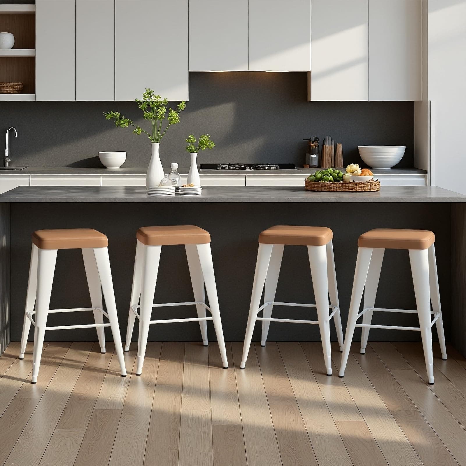 Aesawela Bar Stools Set of 4, 30" Bar Height Bar Stools Backless, Upholstered Bar Stools with Brown Seat and White Metal Legs for Kitchen Island, Study Room, Cafe