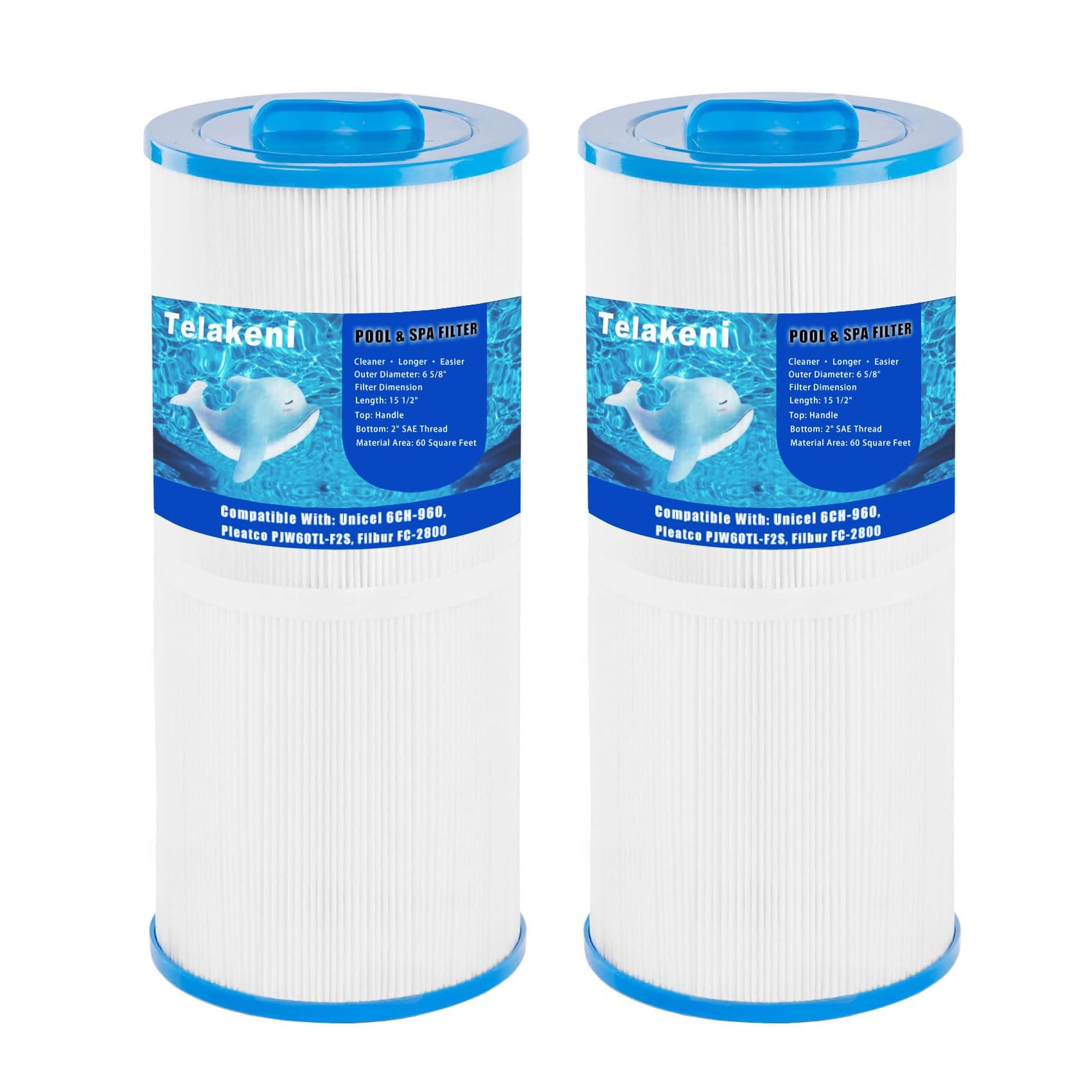 Telakeni 6CH-960 Spa Hot Tub Filter Replaces Jacuzzi Filters J-300 J-400, Unicel 6CH-960, Pleatco PJW60TL-F2S, 14081, Filbur FC-2800, 6540-476, 6540-383 (2 Pack)