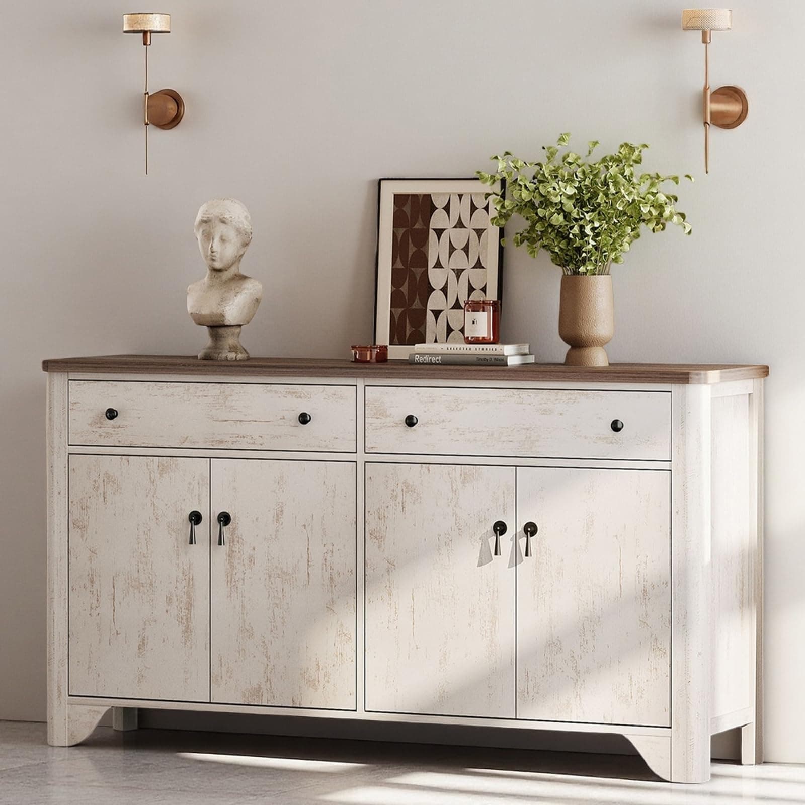 WAMPAT 59" Storage Cabinet with 4 Doors & 2 Drawers, Buffet Cabinet with Storage, Adjustable Shelves, Wood Coffee Bar Wine Bar Table for Dining Room,Living Room, White