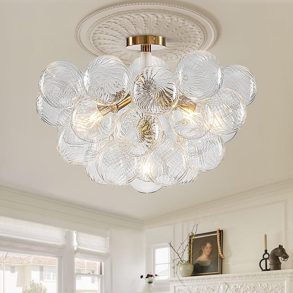 YIHANTLZ Bubble Ball Semi Flush Mount Ceiling Light Fixture, 24" Bubble Chandelier, Modern Hand Blown Glass Chandelier for Bedroom, Living Room, Dining Room​ (24“ White Ceiling Light)