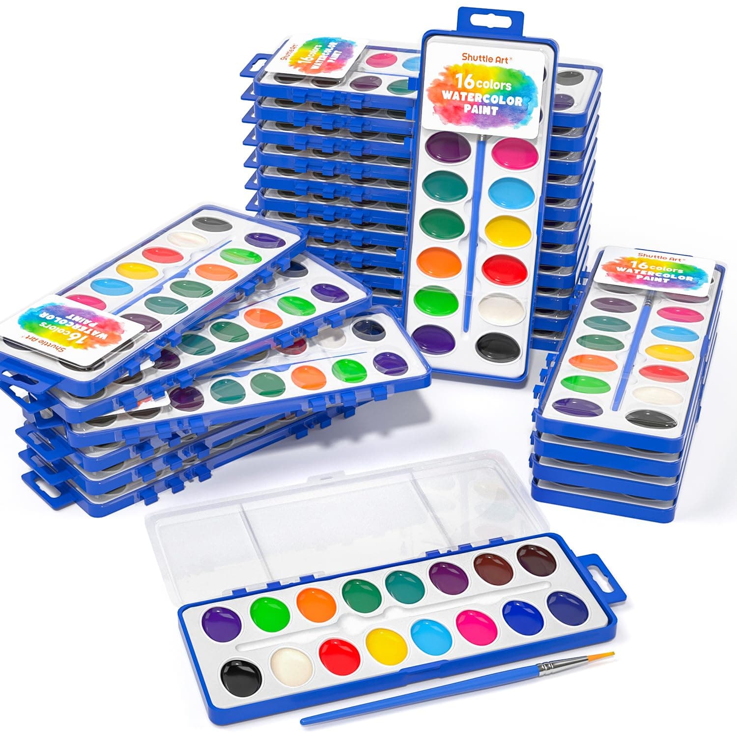 Shuttle Art 16 Colors Watercolor Paint Set Bulk, Pack of 24, Watercolor Paint Set with Paint Brushes for Kids and Adults, Washable Paint for Classroom, Parties, Kindergarten and Art Activities
