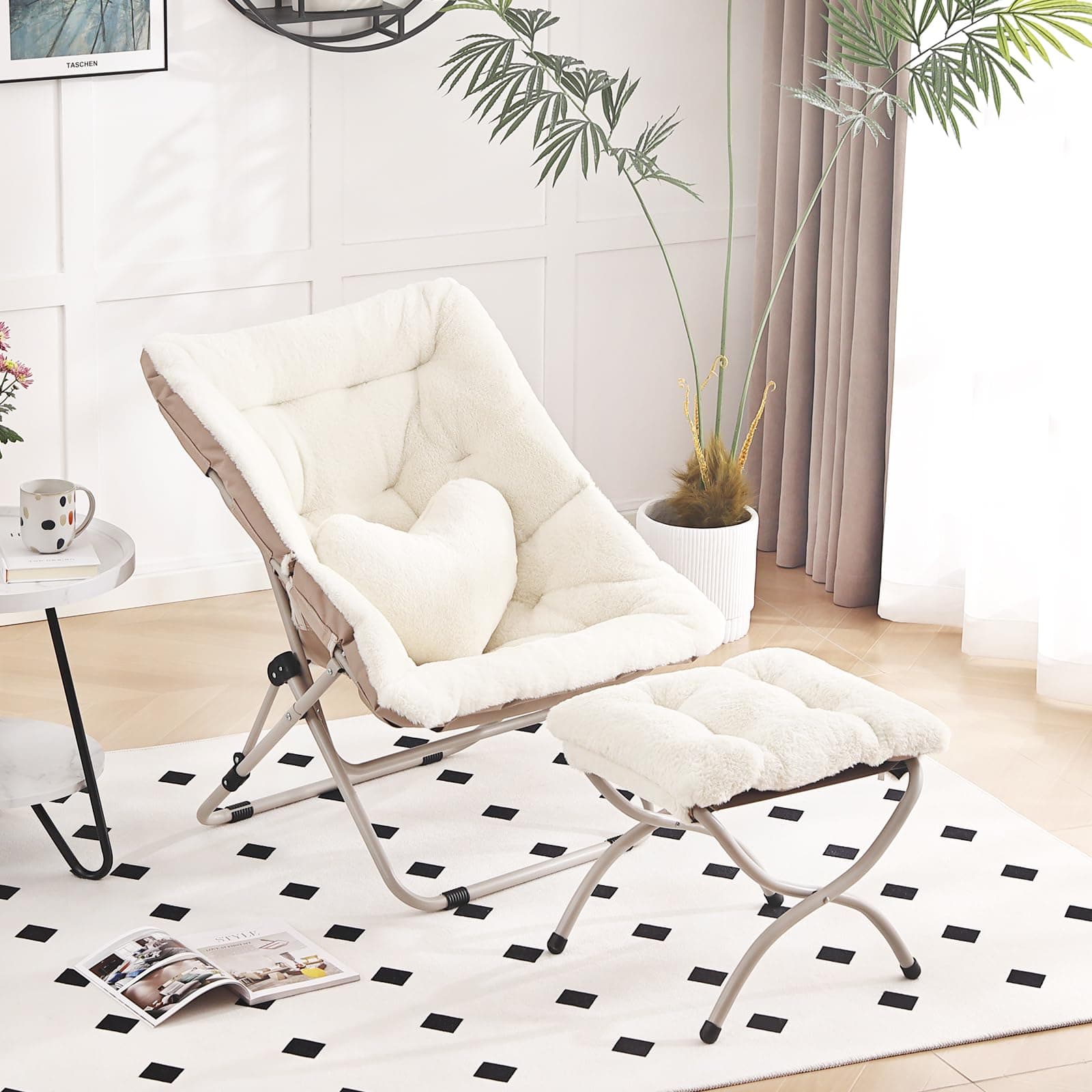 HomEastlly Saucer Chair with Ottoman, Folding Faux Fur Moon Chair, Beige