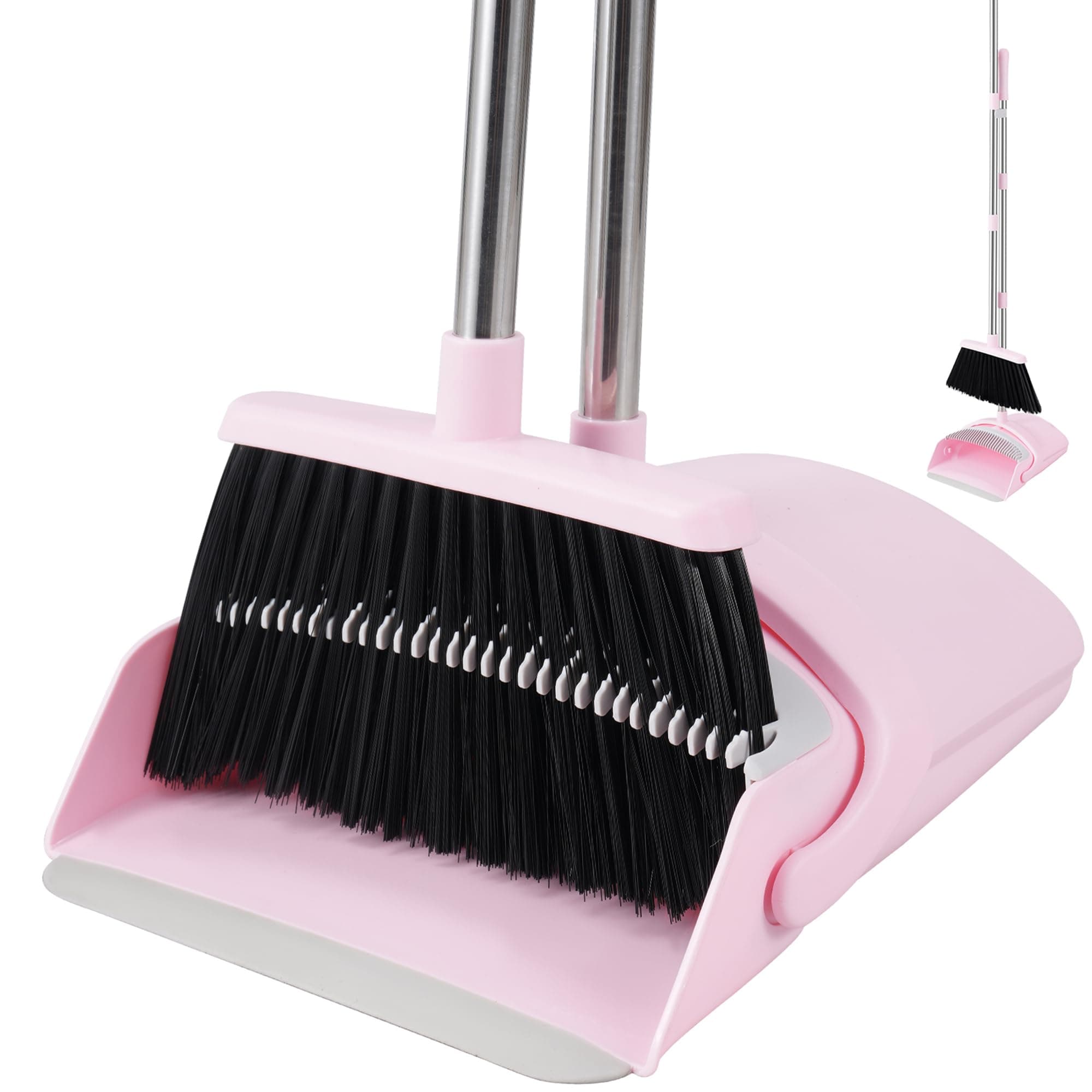 BSKLIN Pink Broom and Dustpan Set, 52” Long Adjustable Handle Broom with Dustpan Combo Set with Dust Pan Teeth to Clean Hair for Home Lobby Office