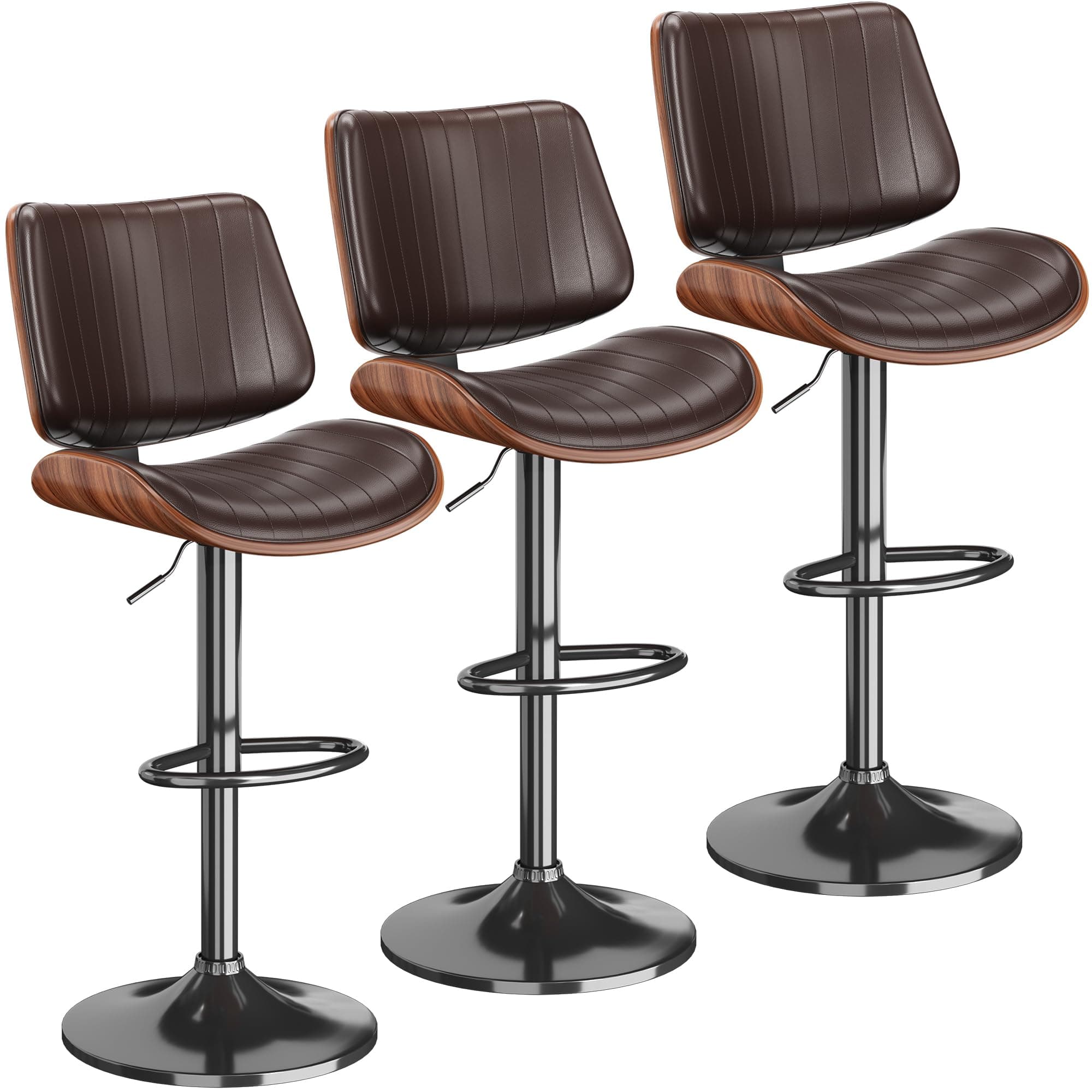 REONEY Swivel Bar Stools Set of 3, Adjustable Bentwood Barstools for Kitchen Counter, Modern PU Leather Upholstered Bar Chair with Back and Footrest, for Kitchen Island, Bar, Dining Room, Brown