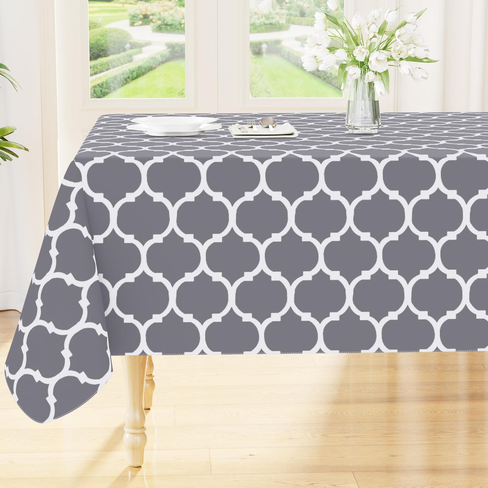 Smiry Rectangle Table Cloth, Waterproof Vinyl Tablecloths with Flannel Backing for Rectangle Tables, Wipeable Spillproof Plastic Tablecloth for Dining, Camping, Indoor and Outdoor (60"x144", Grey)