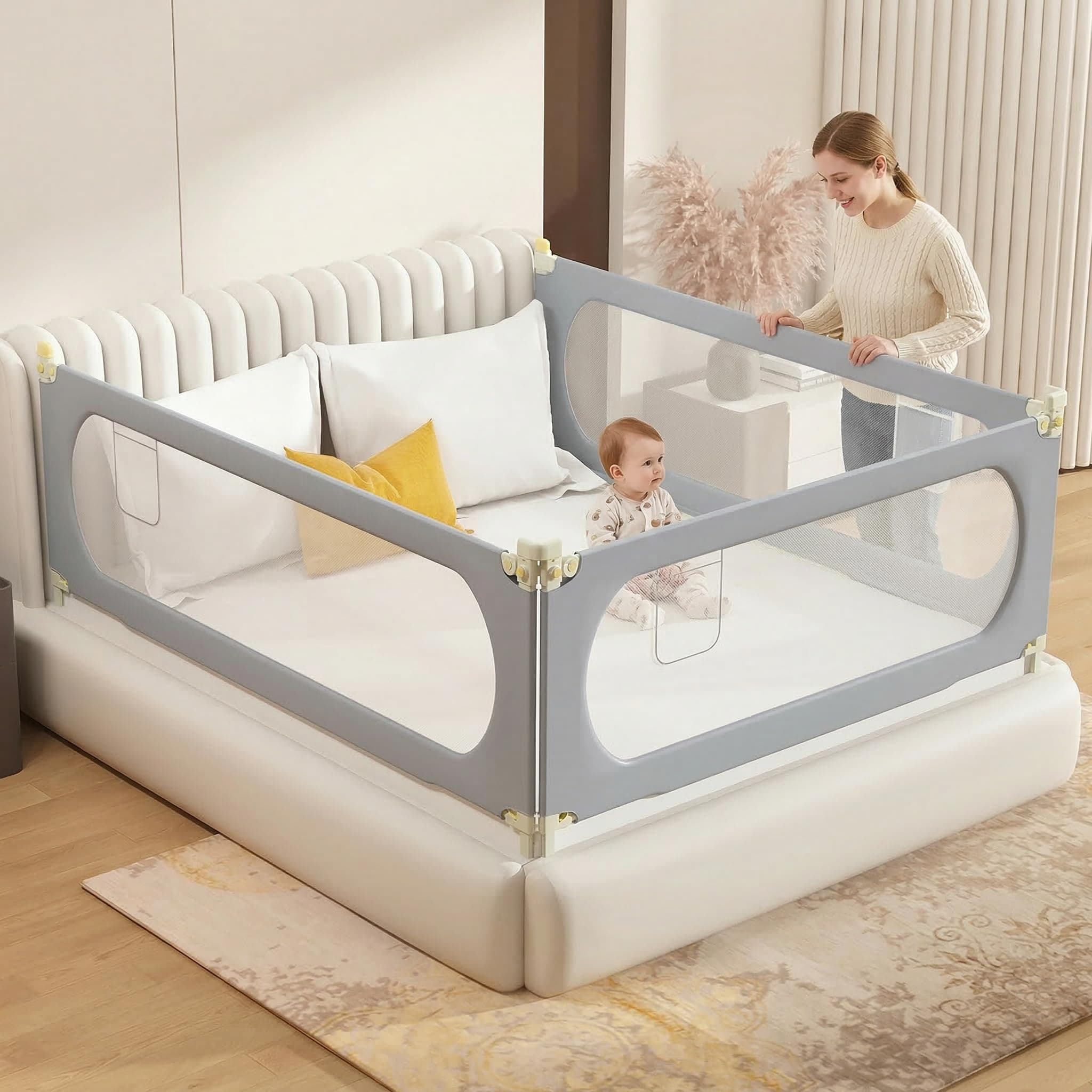 EAQ 3 Pack Baby Guard Bed Rails for Toddlers-Multi Gear Adjustable Height Seamless Press Bed Guardrail for Kids Great Fit for King Mattress,No Gap(Dark Grey,1 * 39''+2 * 74.8'')