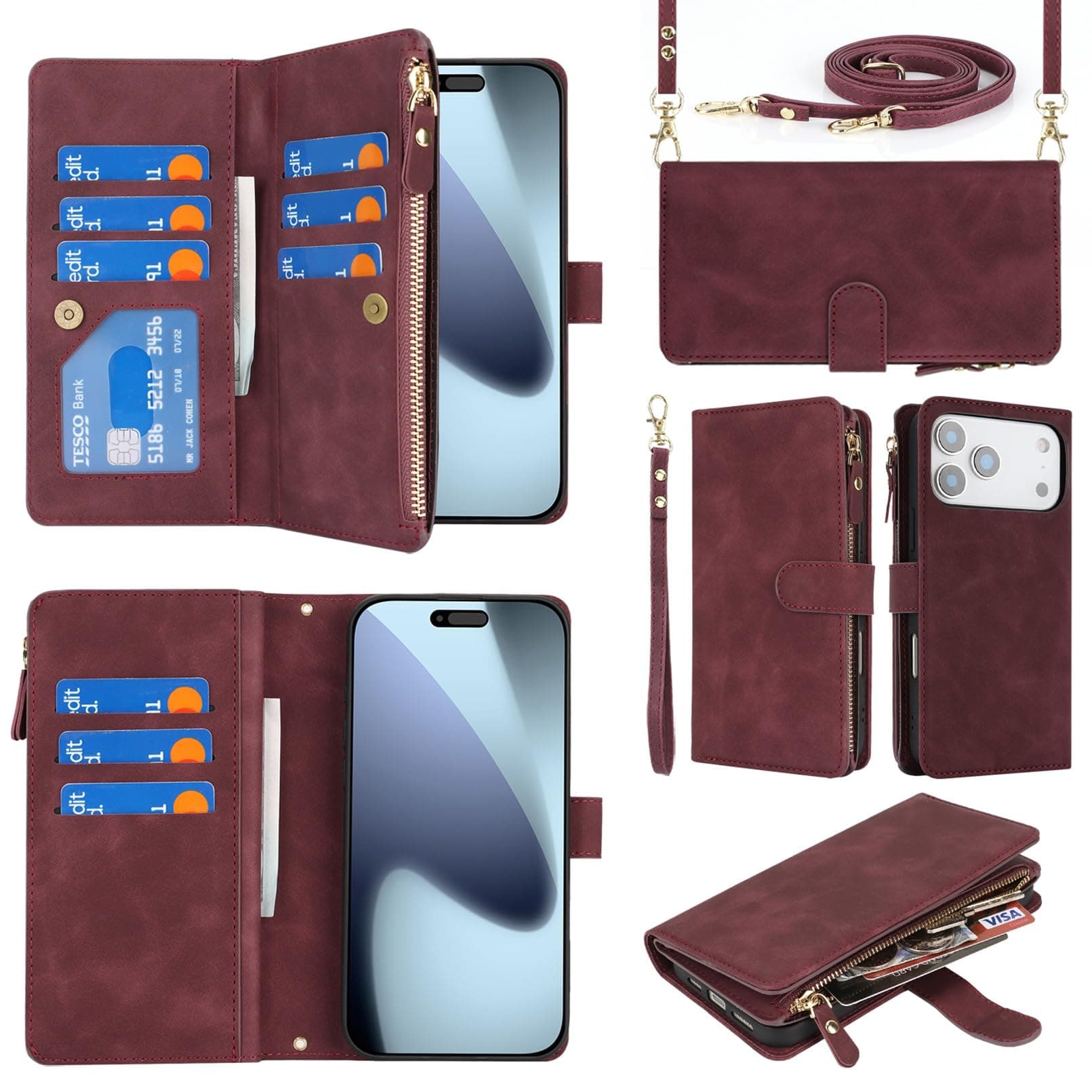 Crossbody Phone Wallet for iPhone 17 Pro Max Case with Strap,6.9",Burgundy