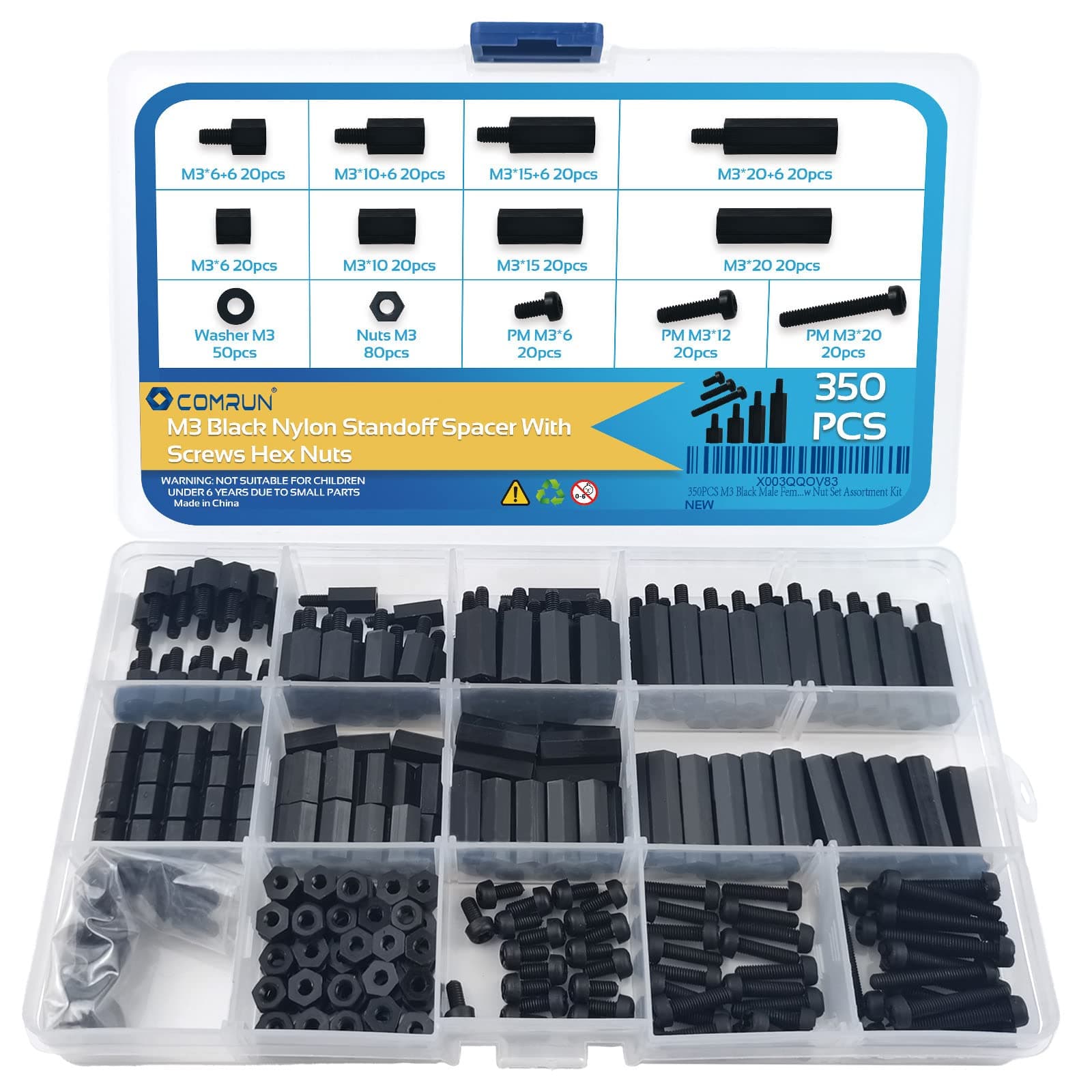 350PCS M3 Black Male Female Nylon Hex Spacer Standoff Screw Nut Set Assortment Kit