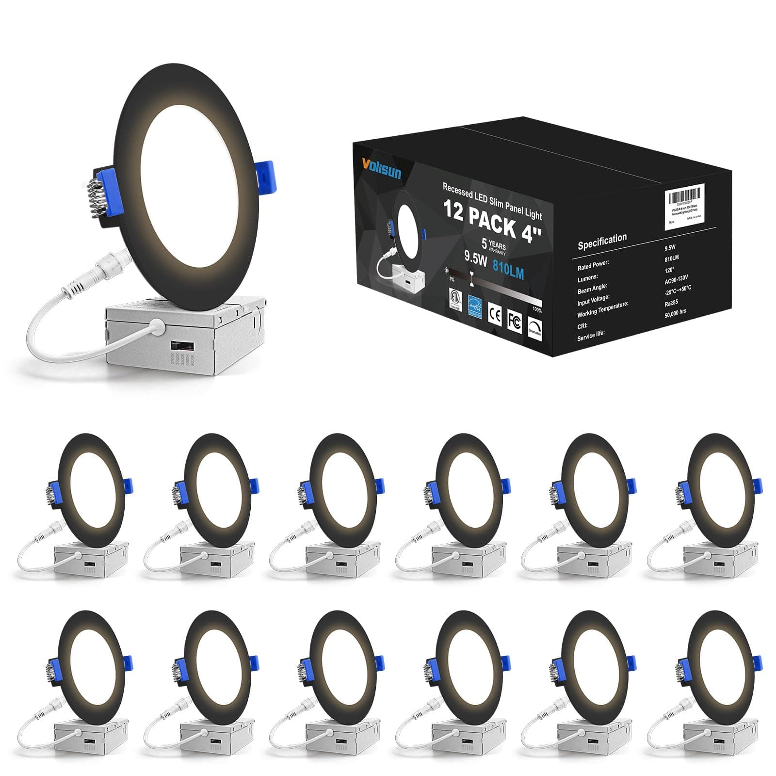 VOLISUN 16 Pack 4 inch Pot Lights Black, 5CCT LED Slim Recessed Light 810LM