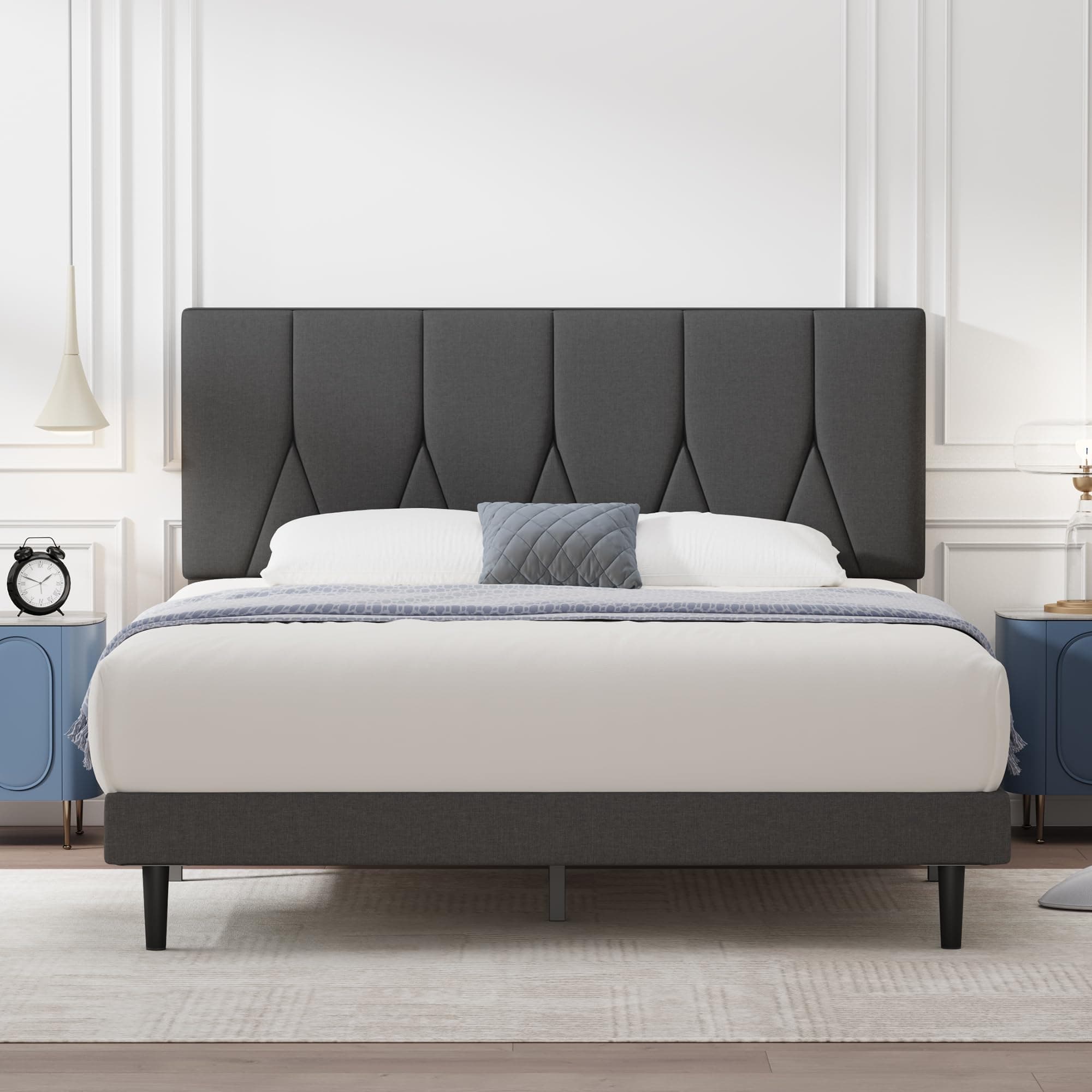 Yocreat Double Bed Frame with Headboard, Dark Grey, 135×190