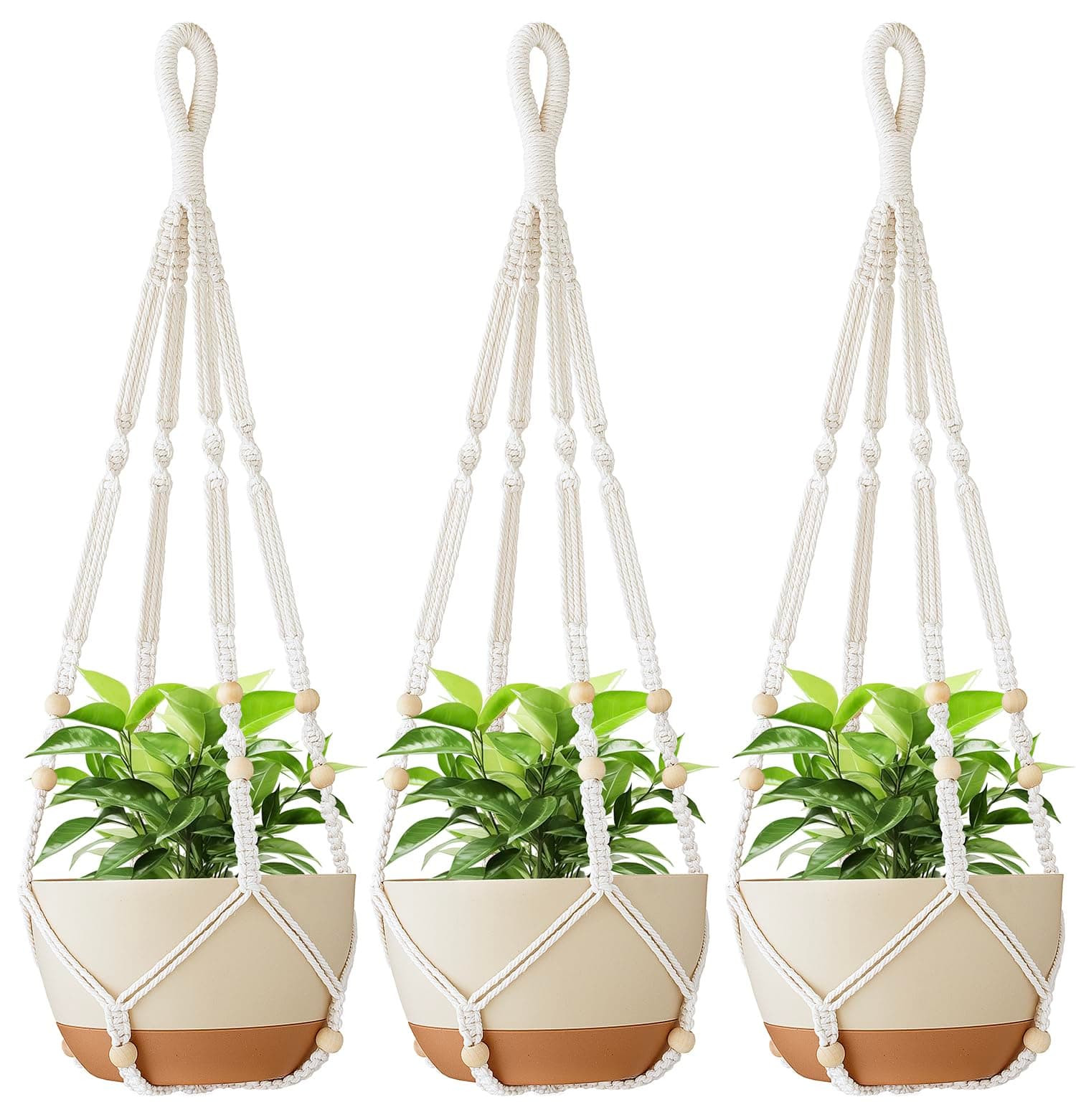 Aukorin Macrame Plant Hanger Indoor Outdoor Fits 4 to 15 inch pots Hanging Planter Basket with Wood Beads and No Tassels,Boho Home Decor 35 Inch,Ivory,Set of 3 (Pots Not Included)