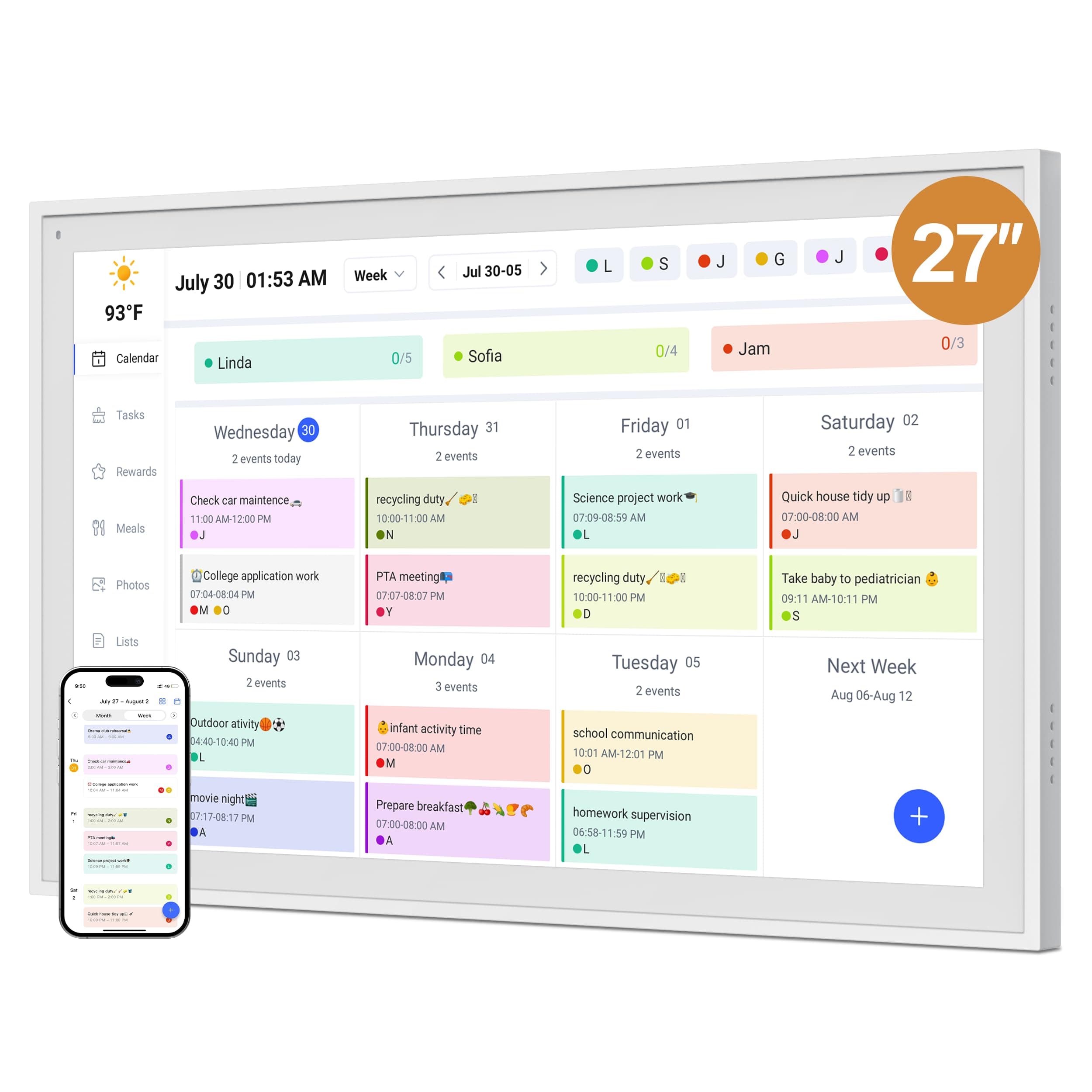 Digital Calendar, Smart WiFi Electronic Calendar&Chore Chart, IPS Touch Screen HD Display for Family Schedules, Share Moments Instantly from Anywhere (White, 27)