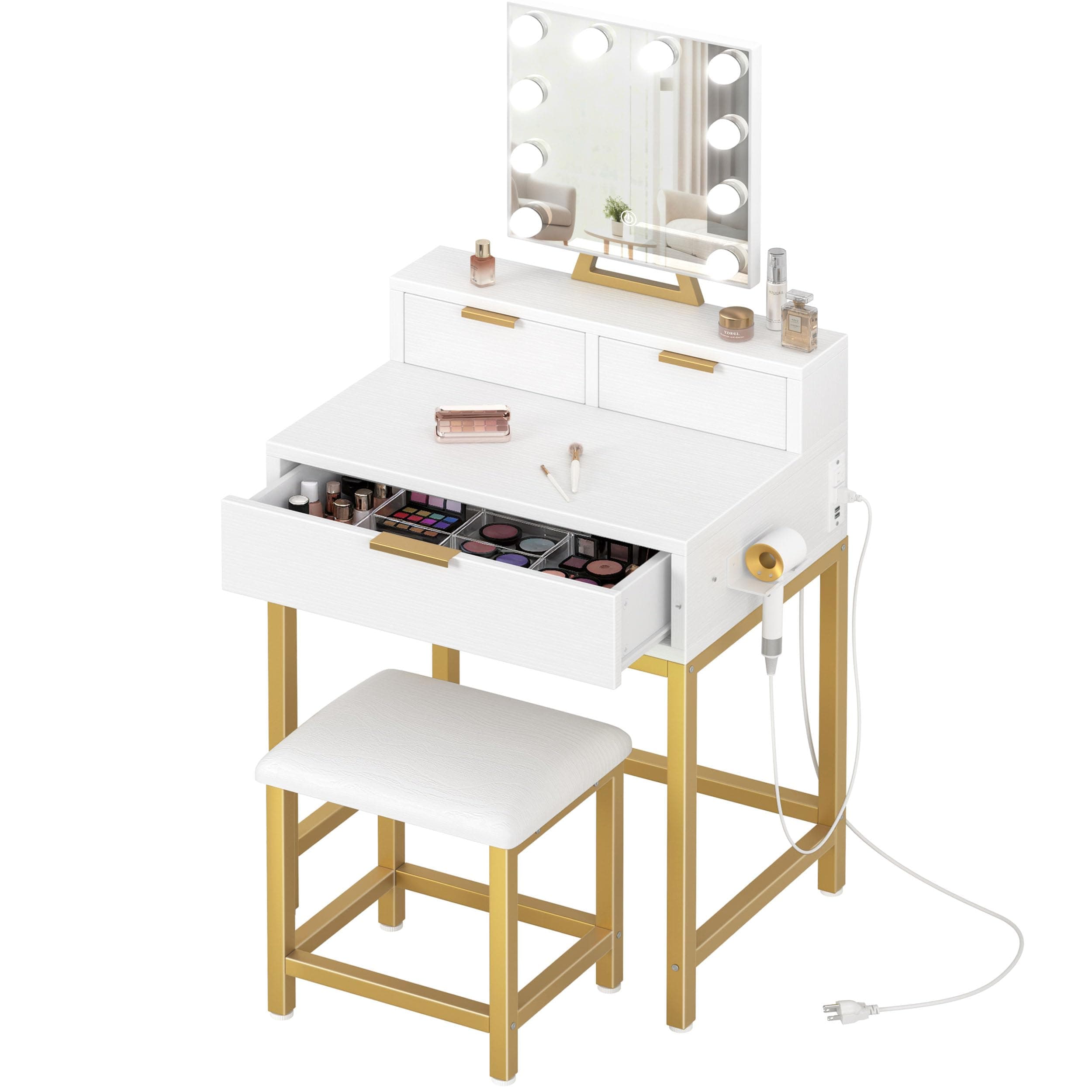 BOLUO Gold Makeup Vanity Desk with Hollywood Mirror and Lights, Girls Vanity Set with Stool, Compact Make Up Table with Drawers and Outlet for Bedroom Small Space