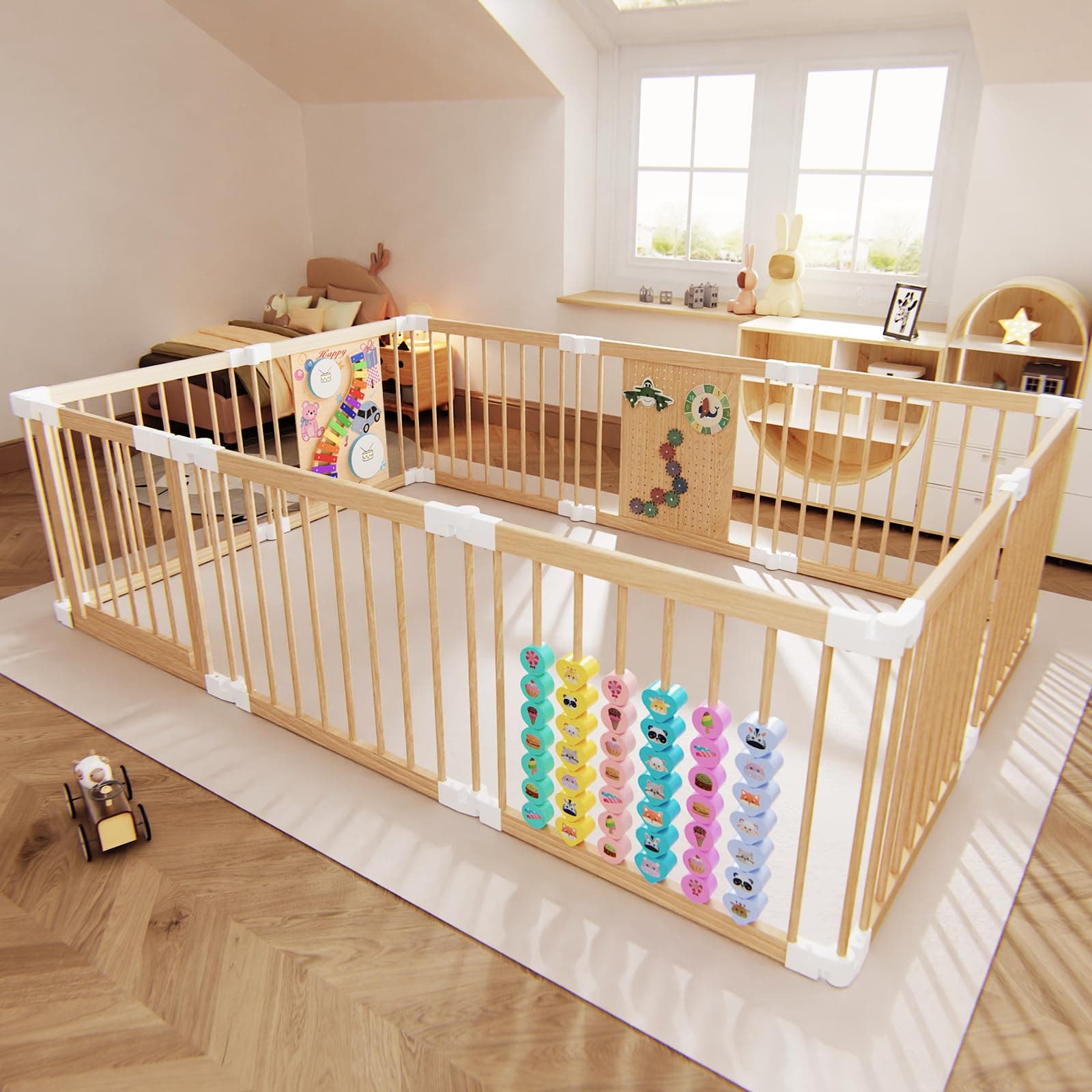 YZNVCG Wooden Baby Playpen, Foldable Play Yard with Built-in Toys 85"x57"