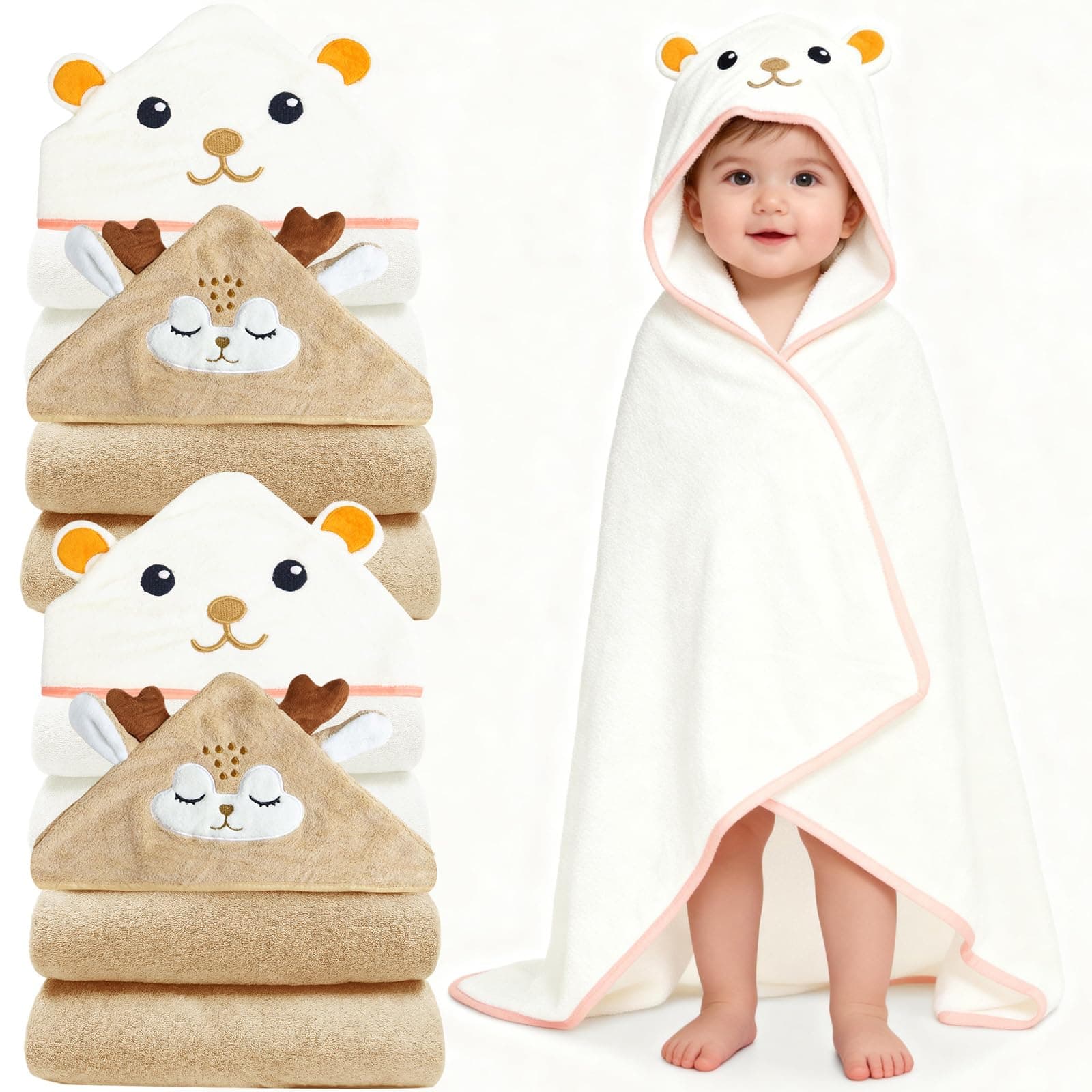 xpertwarm Toddler Bath Towels, Soft Hooded Baby Towels with Hood (4pack White Khaki)