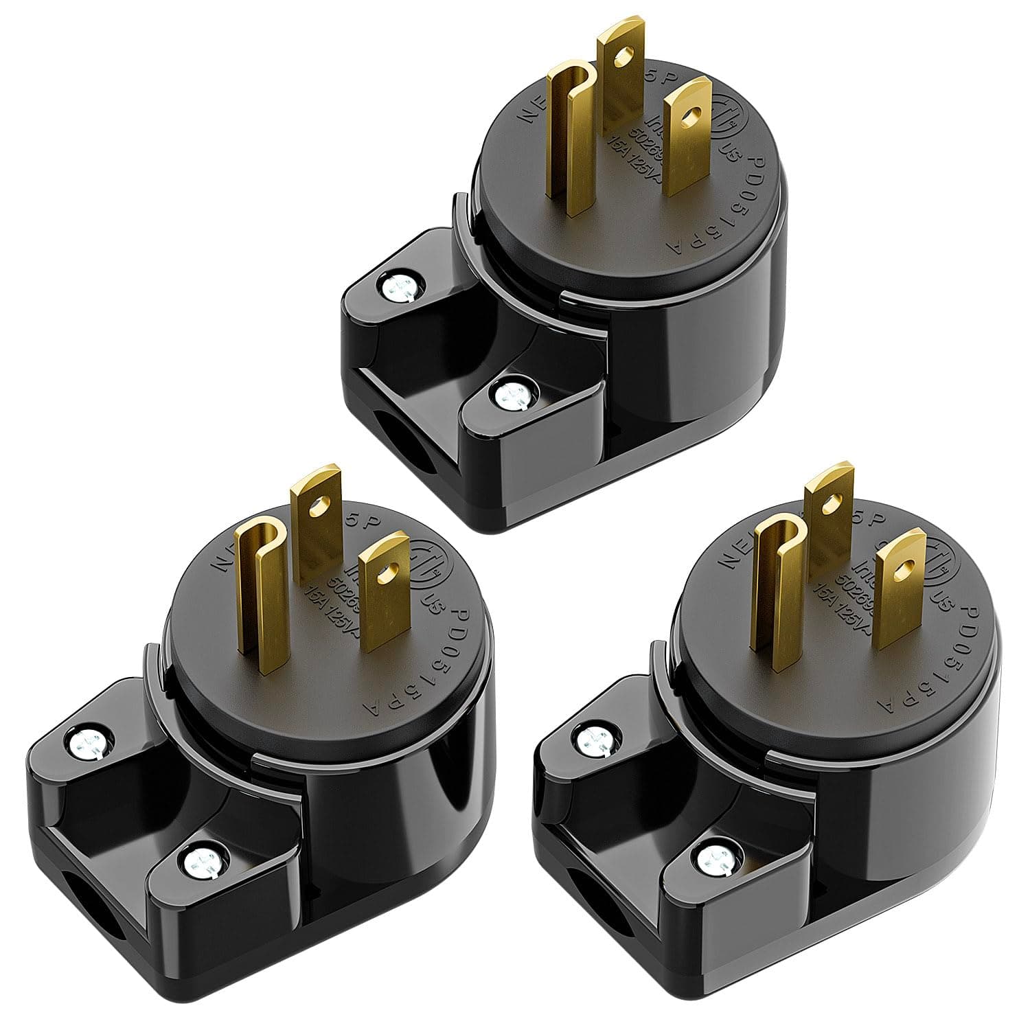 PluGrand (3 Pack) Nema 5-15P 90 Degree Right Angle Plug, 15A 125V Angled Plug, ETL Verified, Black