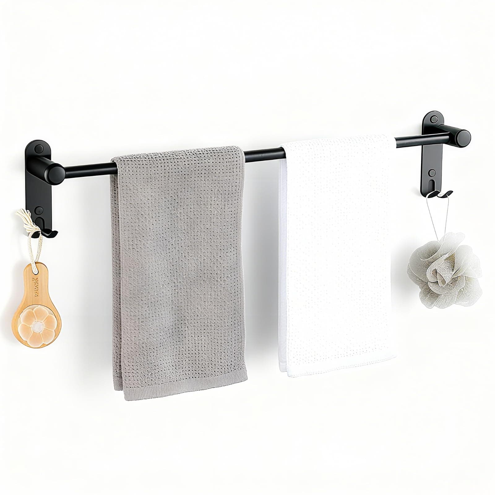 MEKENSO Adjustable Towel Rack Dual Hooks, Expandable Towel Bar 16.9 to 29.7 Inches, SUS304 Stainless Steel Towel Holder Drill and No Drill Installation.(Black)