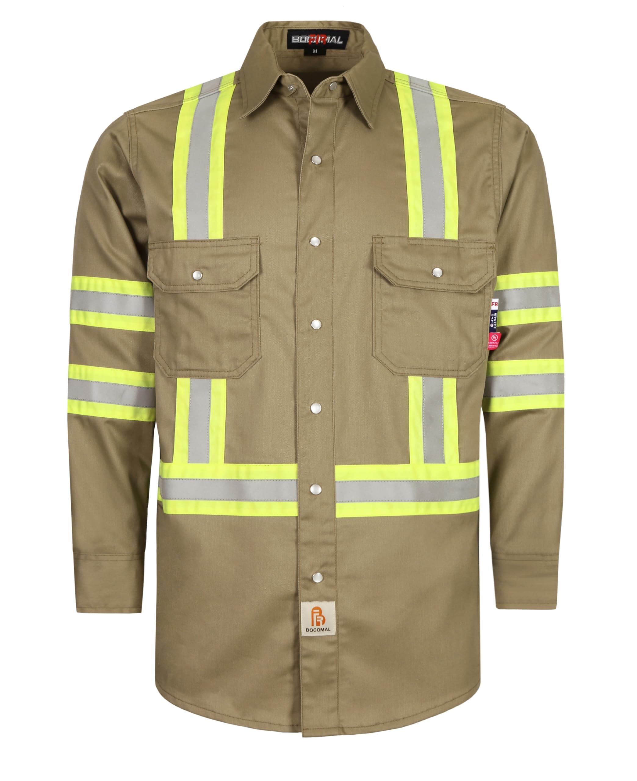 BOCOMAL FR Shirts for Men High Vis Pearl Snaps Lightweight Reflective Shirt, Khaki, XX-Large Tall
