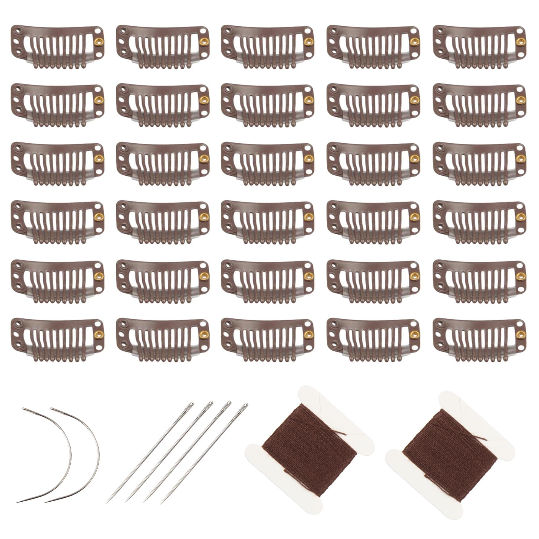 30pcs 9 Teeth Stainless Steel Snap Comb Wig Clips, Hair Extension Clips, Wig Accessories Clip with 30 Assorted Sewing Needles and 2 Rolls Thread (Dark Brown)