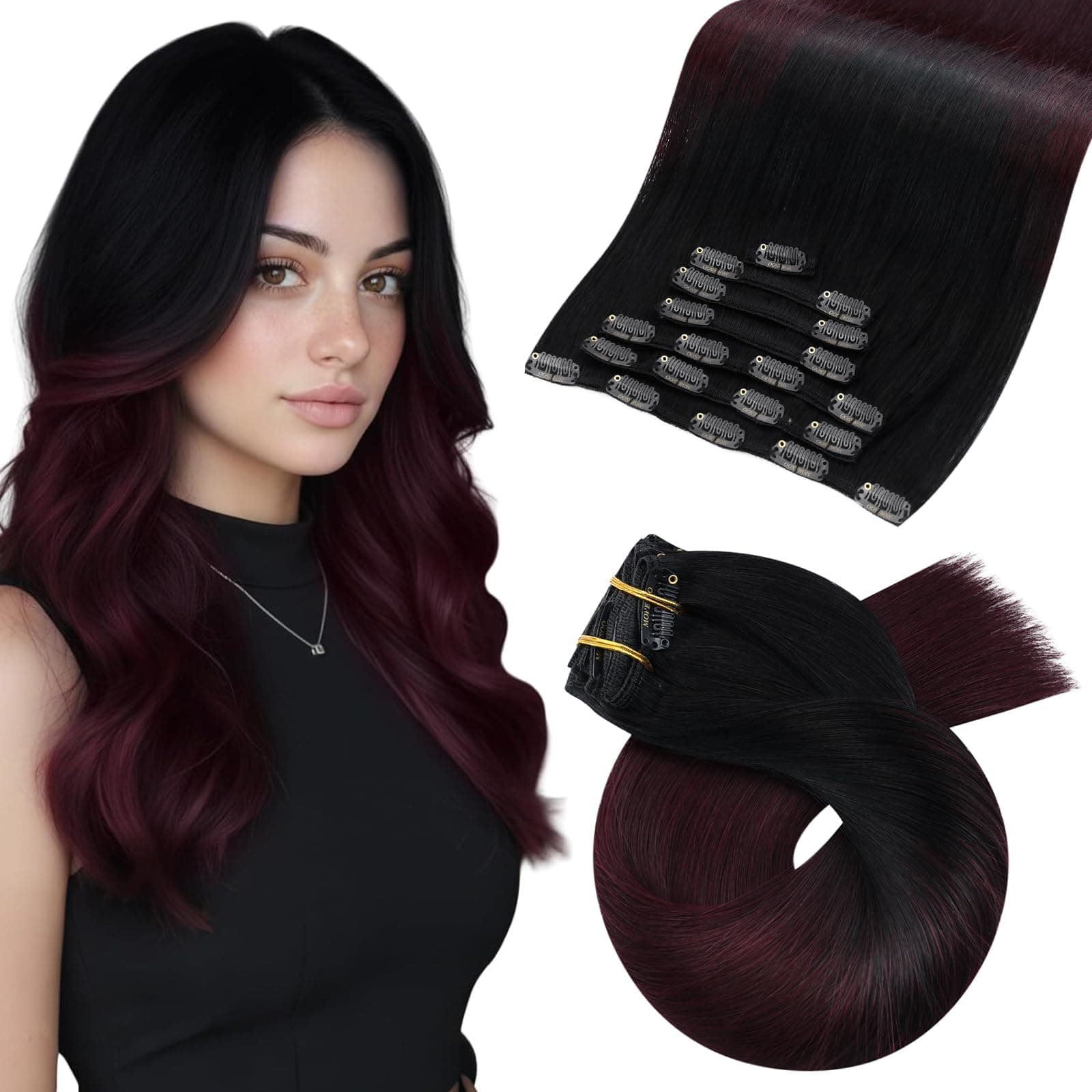 Moresoo 24inch Burgundy Clip in Hair Extensions Black Roots Balayage Clip in Extensions 100% Natural Hair Extensions for Long Hair 7Pieces/100Grams Real Human Hair Extensions