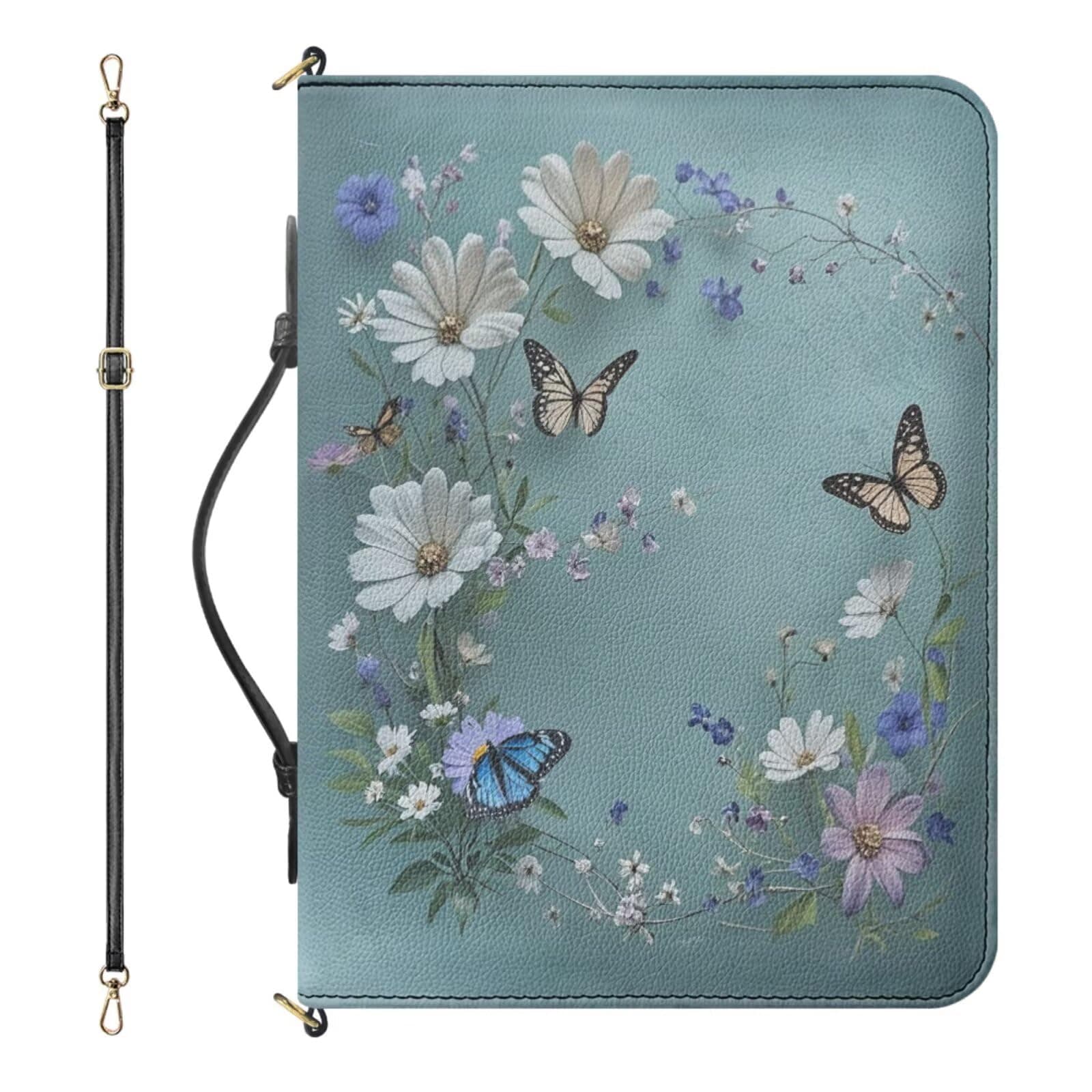 YGFLPPV Large Bible Covers for Women, Blue Bible Case with Strap and Handle, Butterflies and Daisies Print PU Leather Biblia Protecto with Inner Pockets and Pen Loop, Christian Gifts for Women