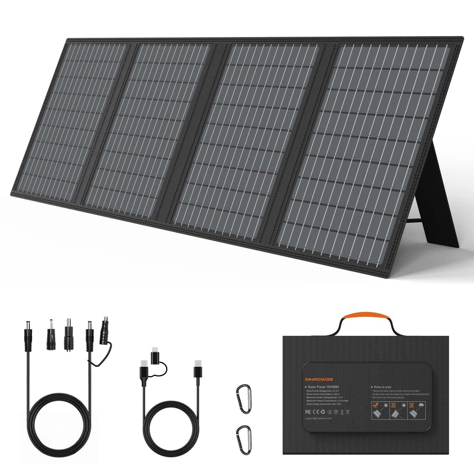 MHPOWOS 60W Portable Solar Panels Charger with USB-C, USB-A and DC Outputs
